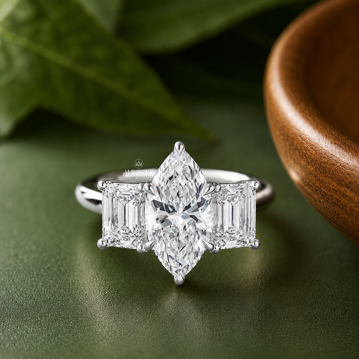Marquise & Emerald Lab Grown Diamond Ring, Three Stone Engagement Wedding Band Ring
