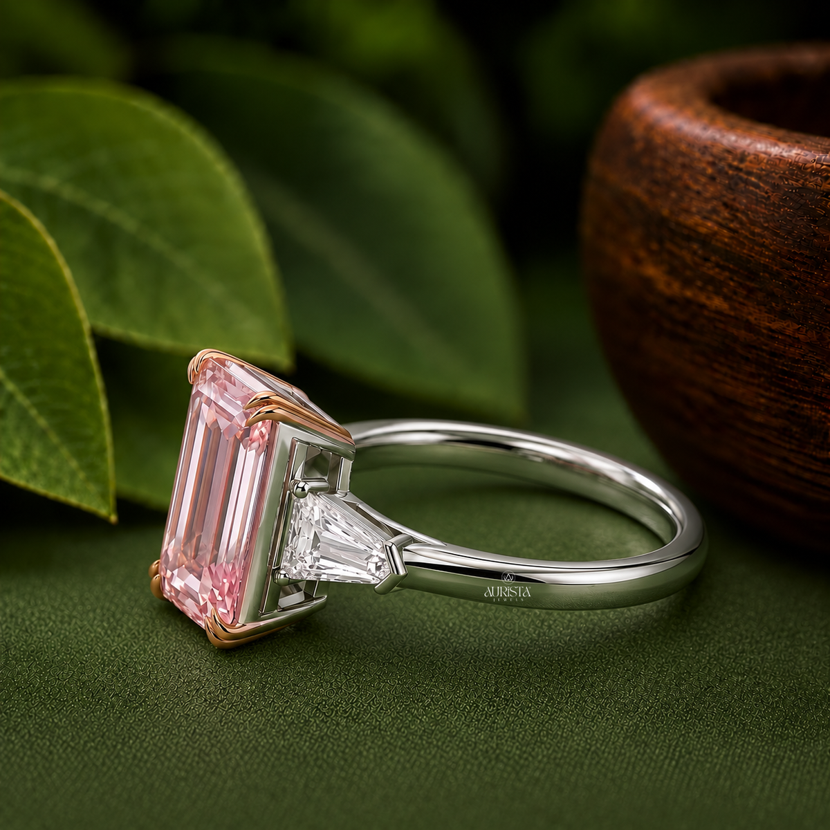 Lab Grown in Diamond Pink Emerald Cut Ring Three Stone Engagement Ring Statement
