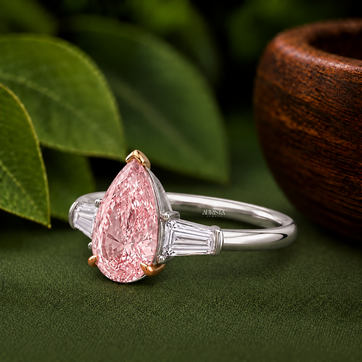Pink Pear Cut Lab Grown in Diamond Three Stone Ring Silver Luxury Band