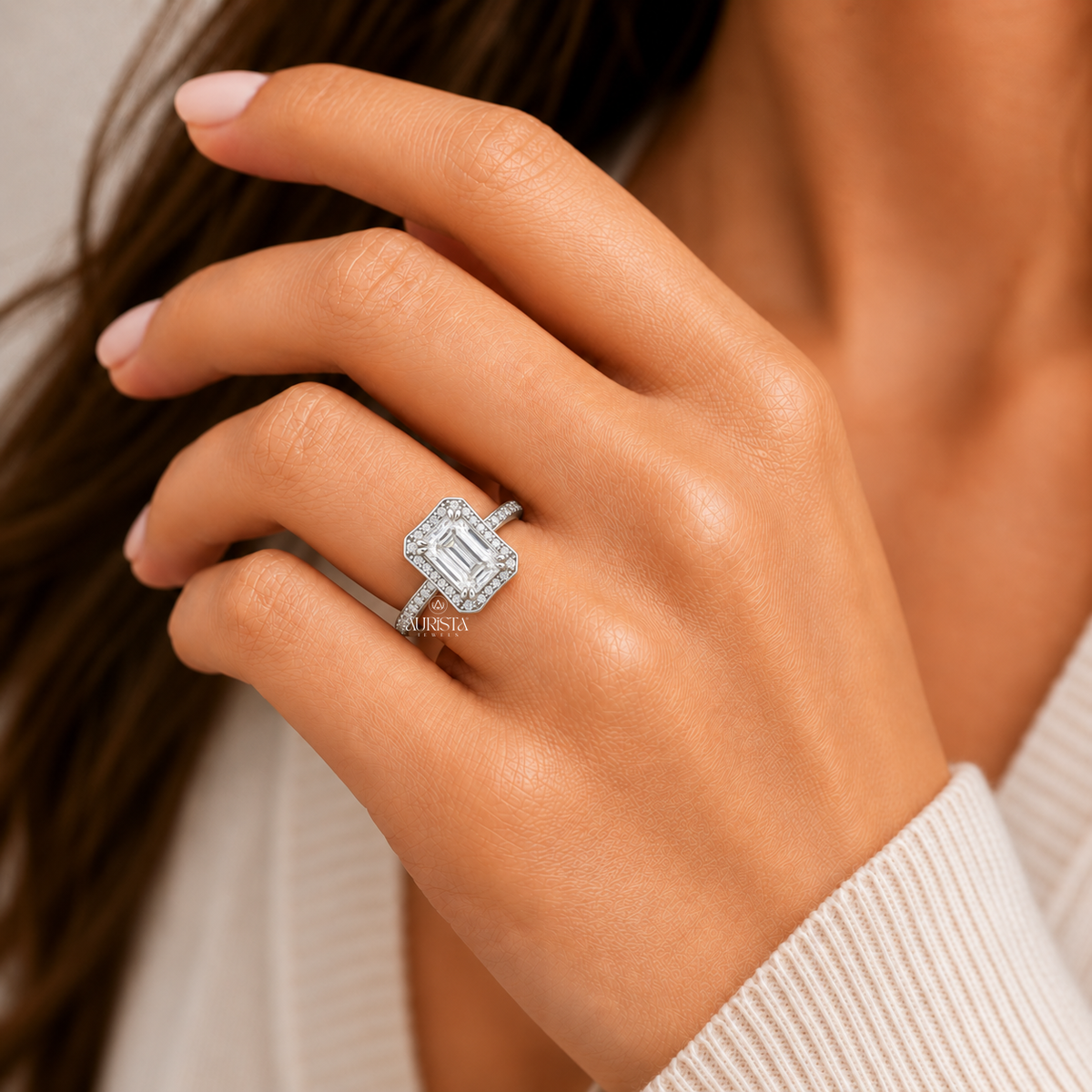 Emerald Cut Lab Grown Diamond Halo Engagement Ring in 14k White Gold
