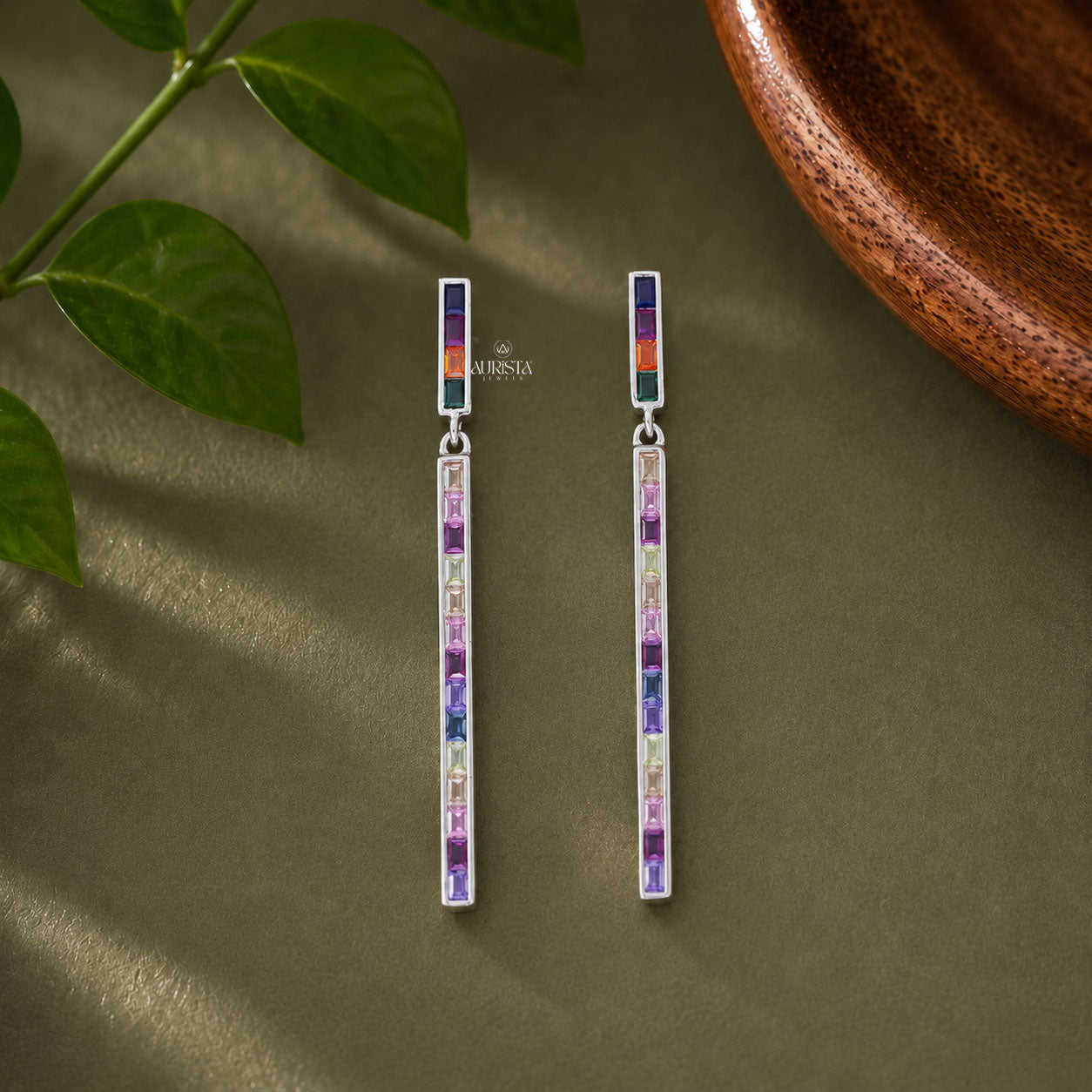Rainbow Gemstone Moissanite Bar Earrings - Baguette Cut Silver Long Drop Earrings