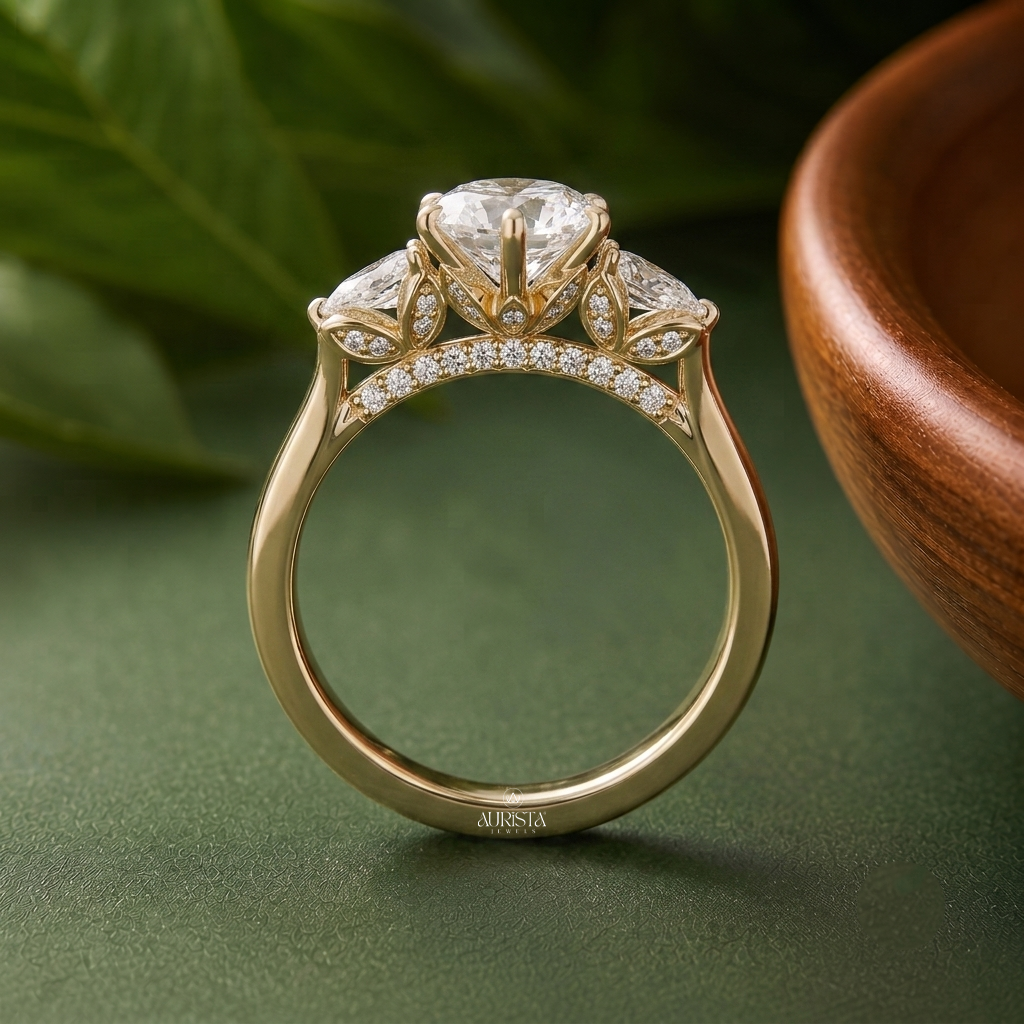 Pear & Marquise Lab Grown Diamond Three Stone Ring, Nature Inspired Engagement Band