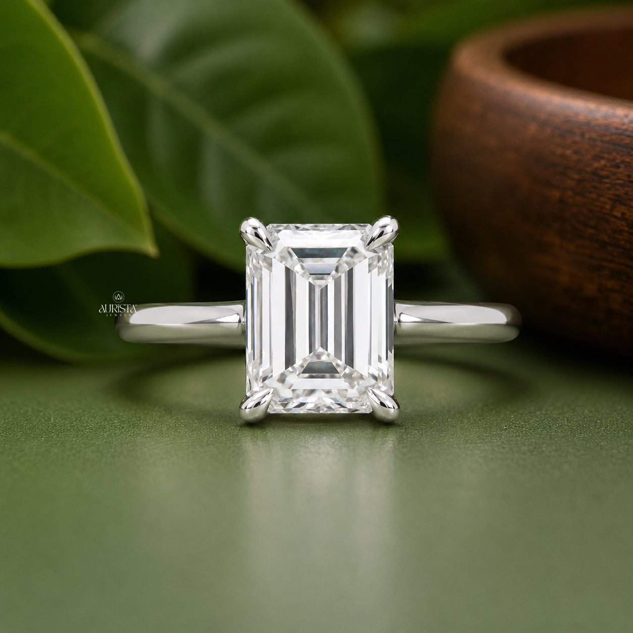 Emerald Cut Lab Grown Diamond Ring, Minimalist Engagement Wedding Ring Solitaire