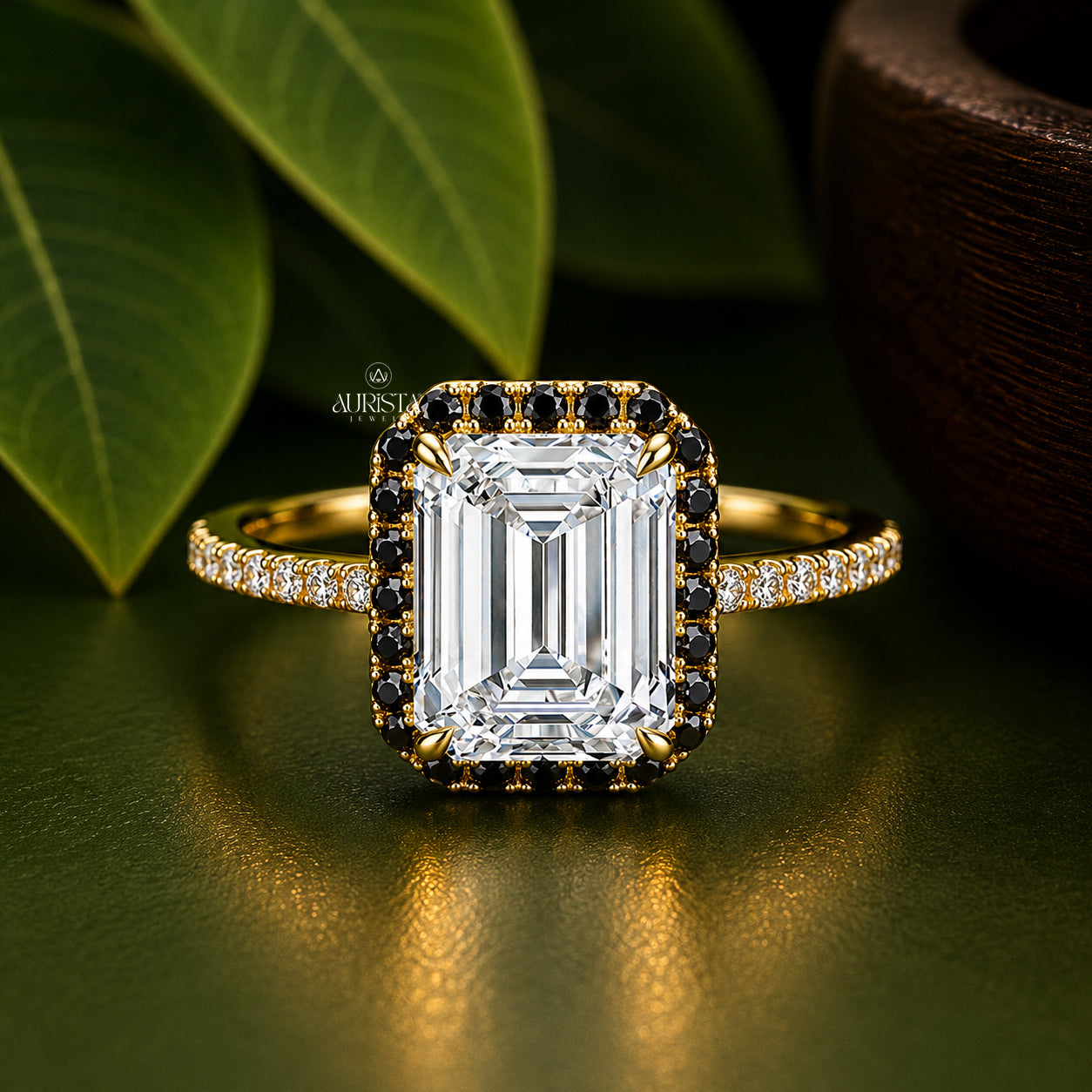 Emerald Cut Lab Grown Diamond Halo Ring, Black Diamond Accent Engagement Ring Band