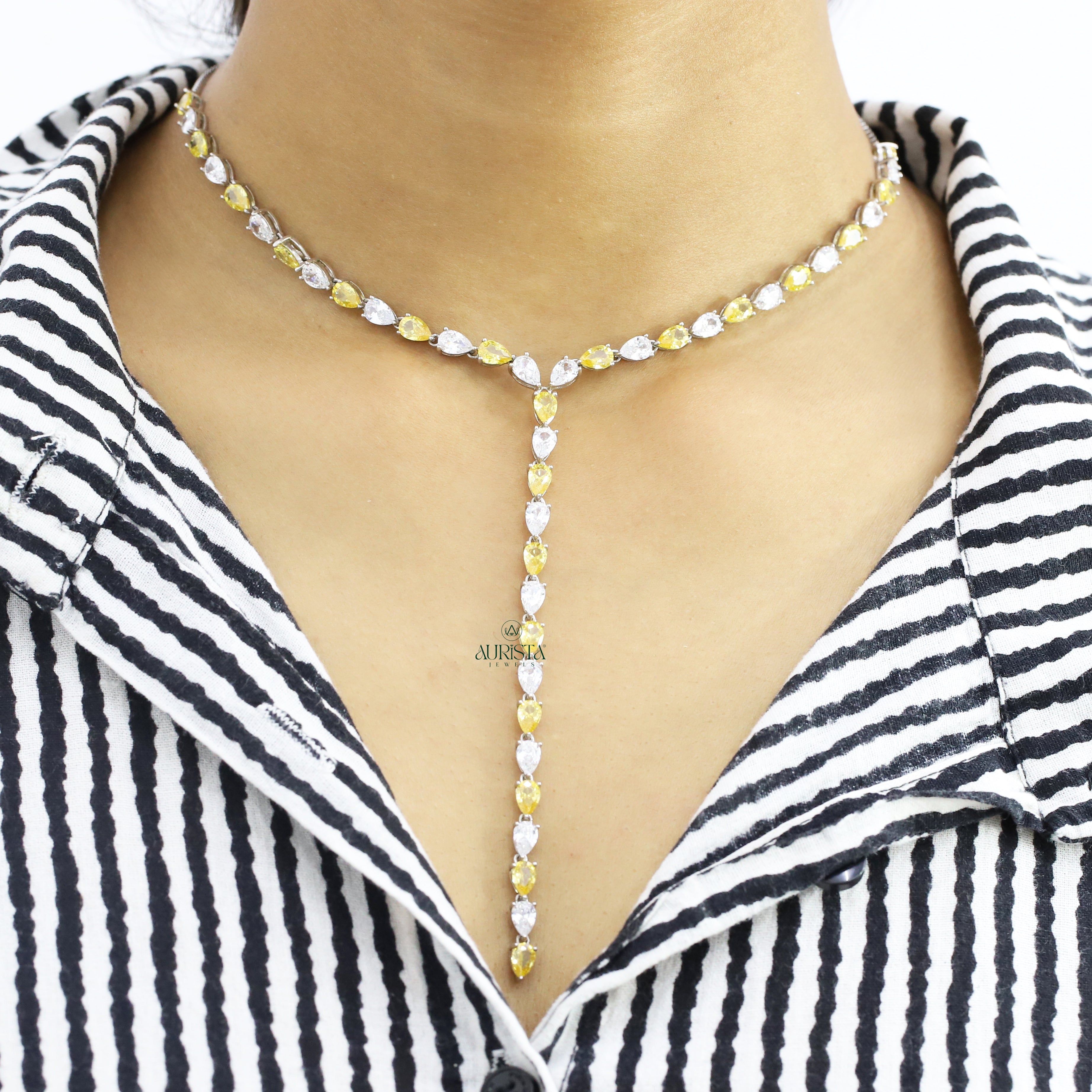 Moissanite Y-Necklace, Pear Cut Yellow & White Stone Drop Necklace