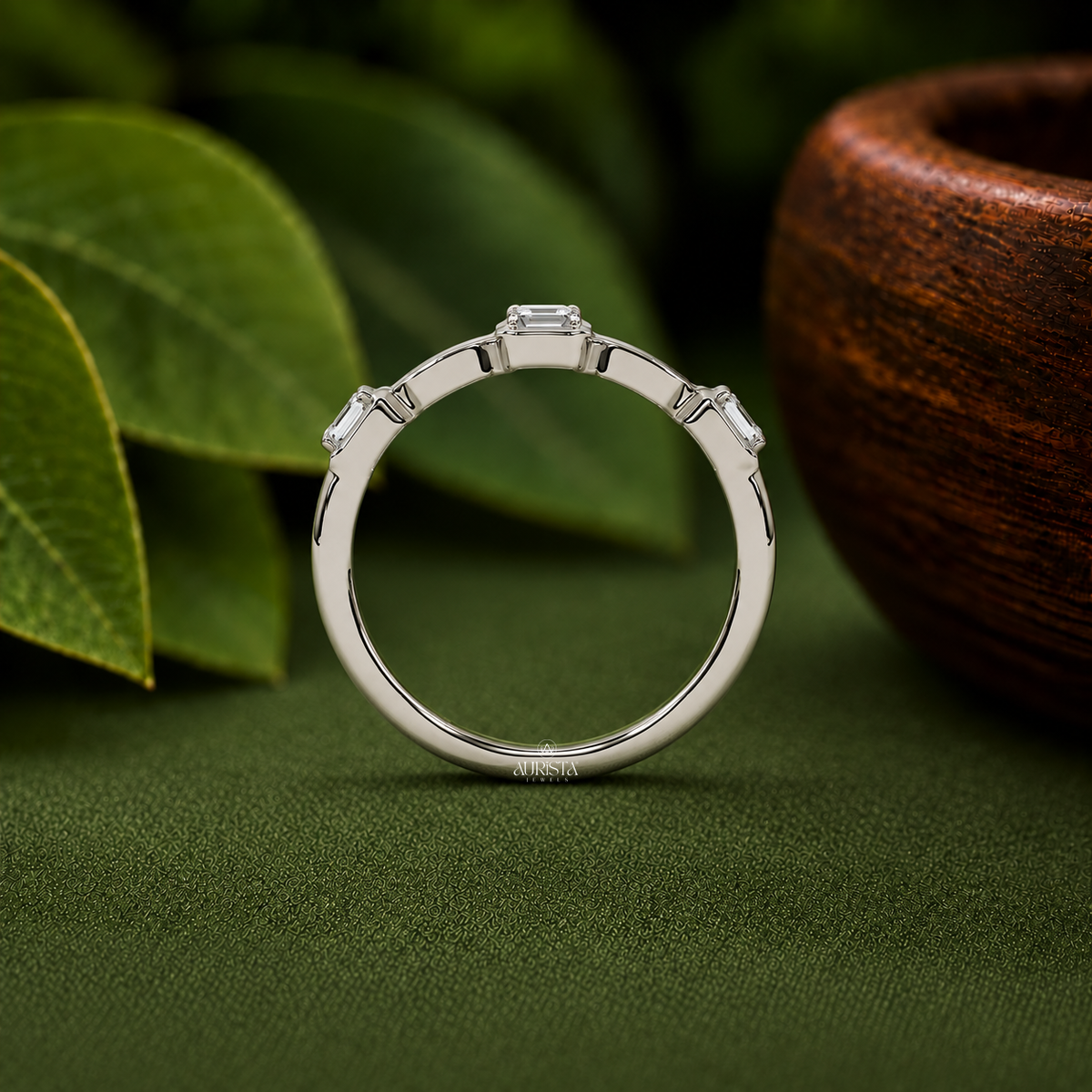 Moissanite Diamond Emerald & Round Cut Stackable Band White Gold Anniversary Ring Gift
