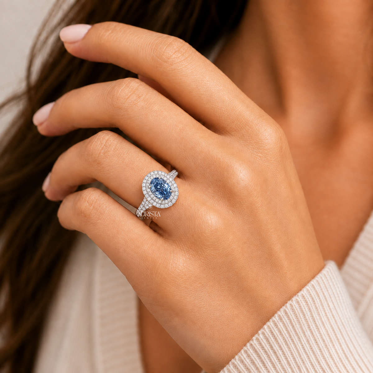 Blue Oval Double Halo Engagement Ring Split Shank Band Lab Grown in Diamond
