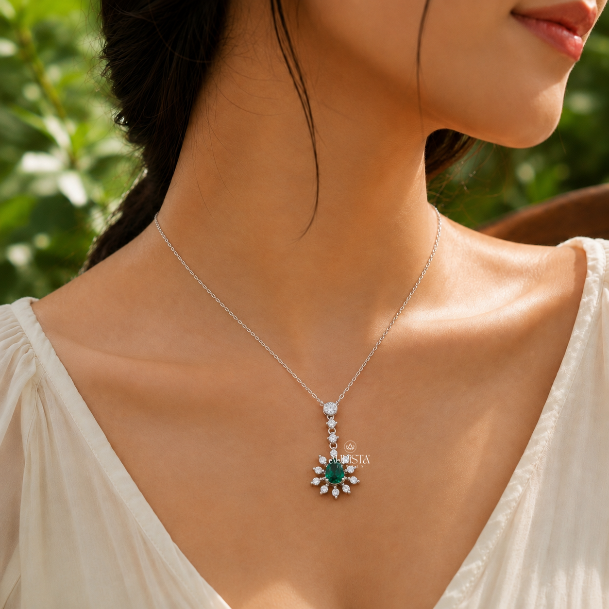 Green Pear Starburst Lab Grown in Diamond Pendant Luxury Statement Necklace
