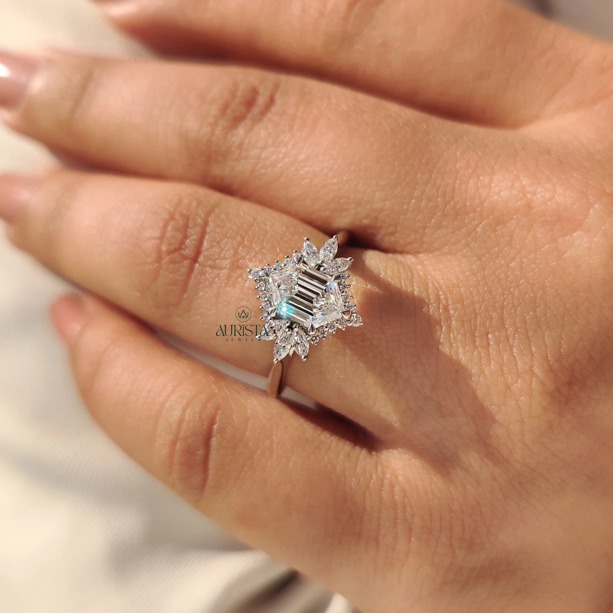 Luxury Hexagon Cut Diamond Ring with Royal Floral Halo Design