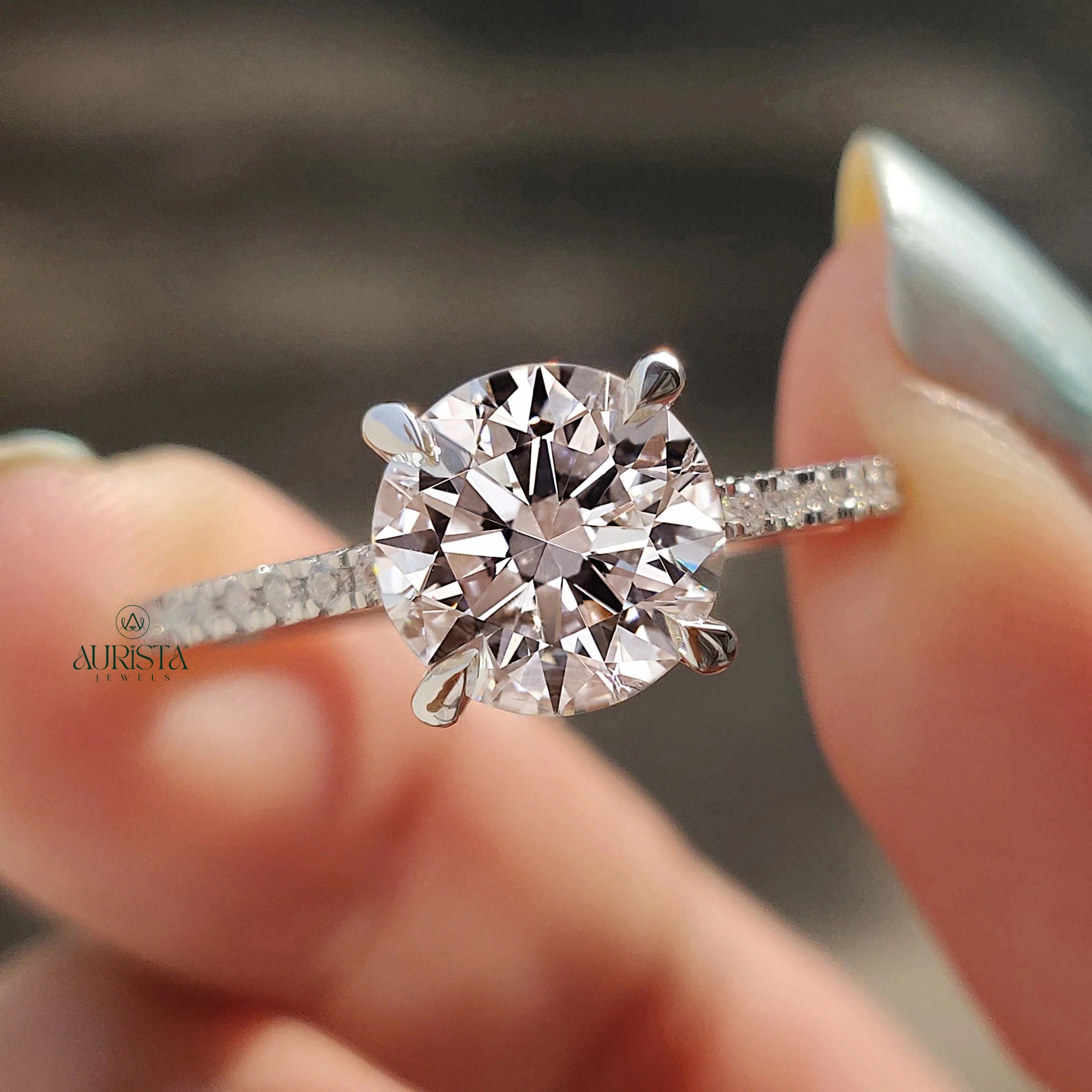 Round Cut Moissanite Engagement Ring with Diamond Pave Band in White Gold