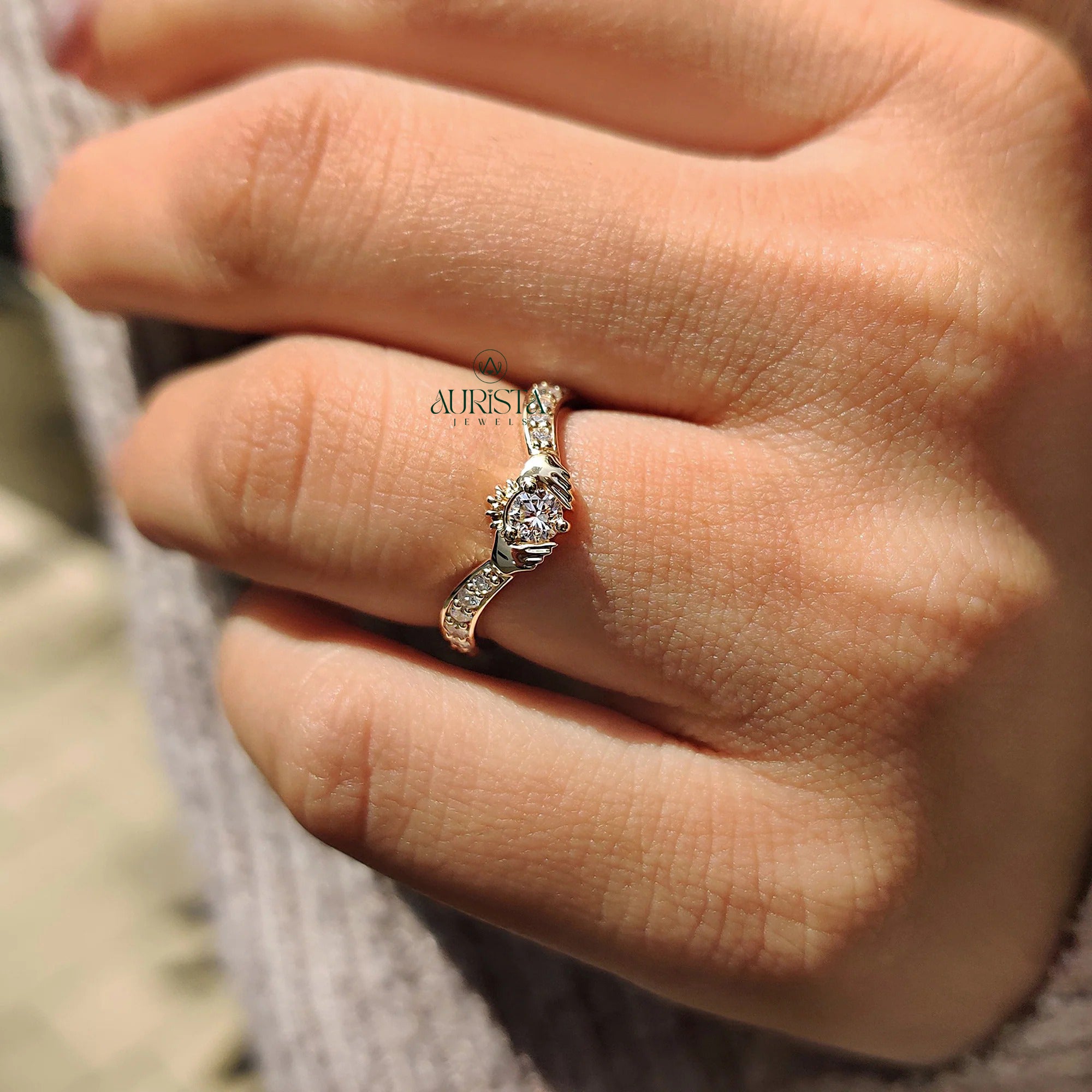 Round-Cut V-Shape Claddagh Pave Ring