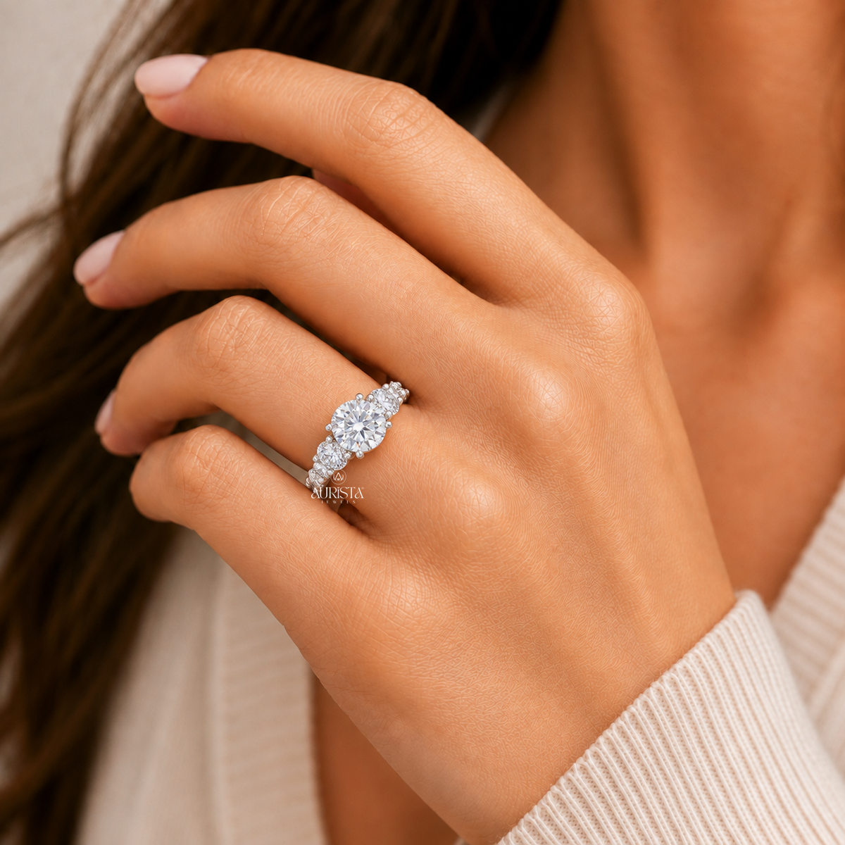 4 CT Round Cut Lab Grown Diamond Ring, Three Stone Engagement Ring, Luxury Bridal