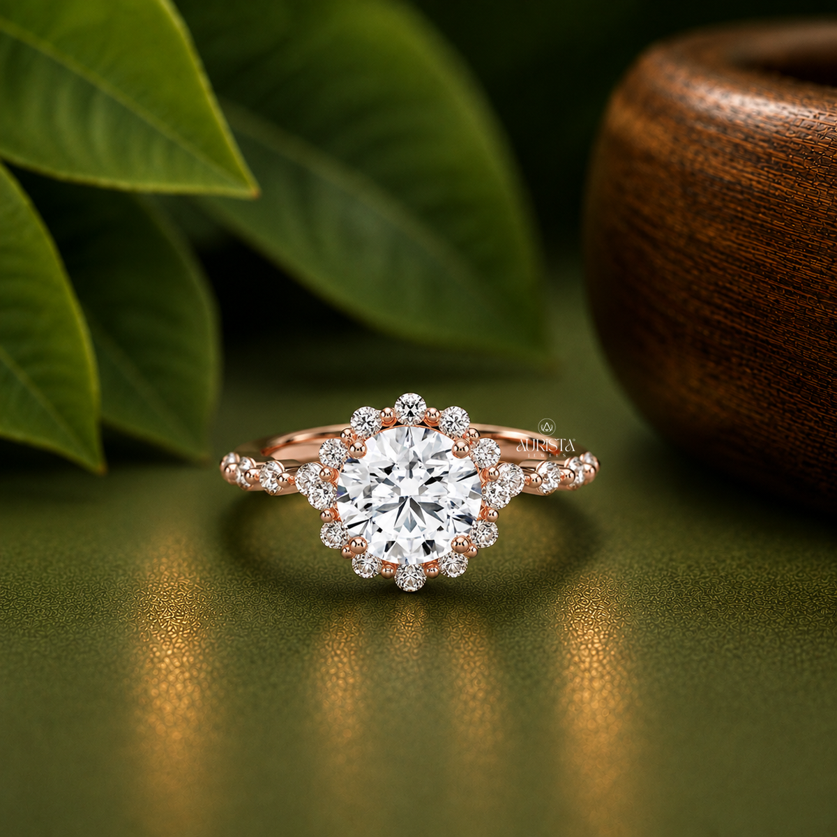 Round Shape Lab Grown Diamond Ring, Floral Halo Bubble Pave Band Anniversary Gift