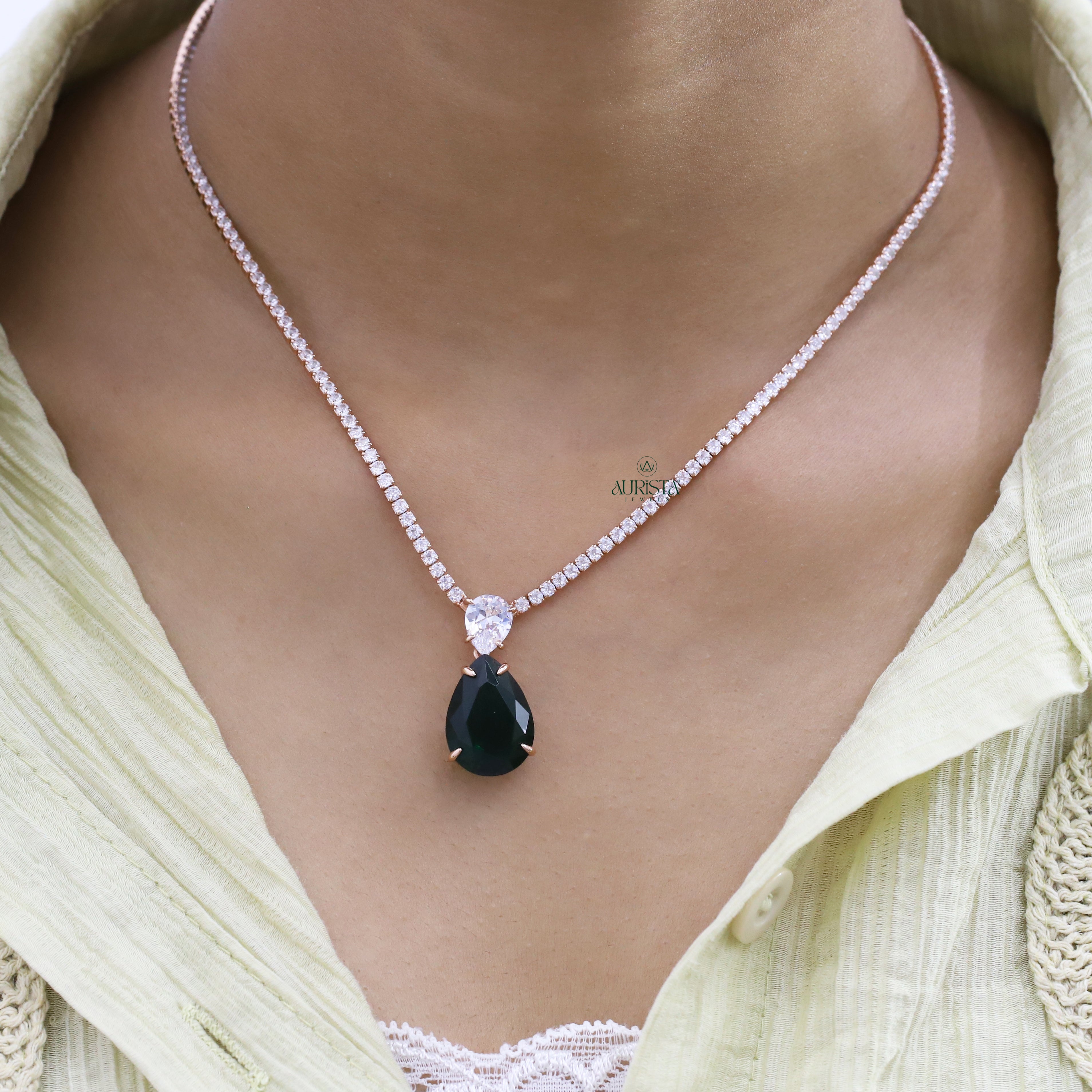 Round Moissanite Tennis Necklace with Pear-Cut Green Drop Pendant