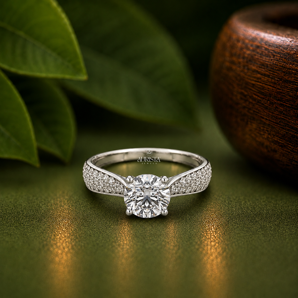 Round Moissanite Diamond Ring, Pave Shoulder Engagement Ring In High Polish White Gold