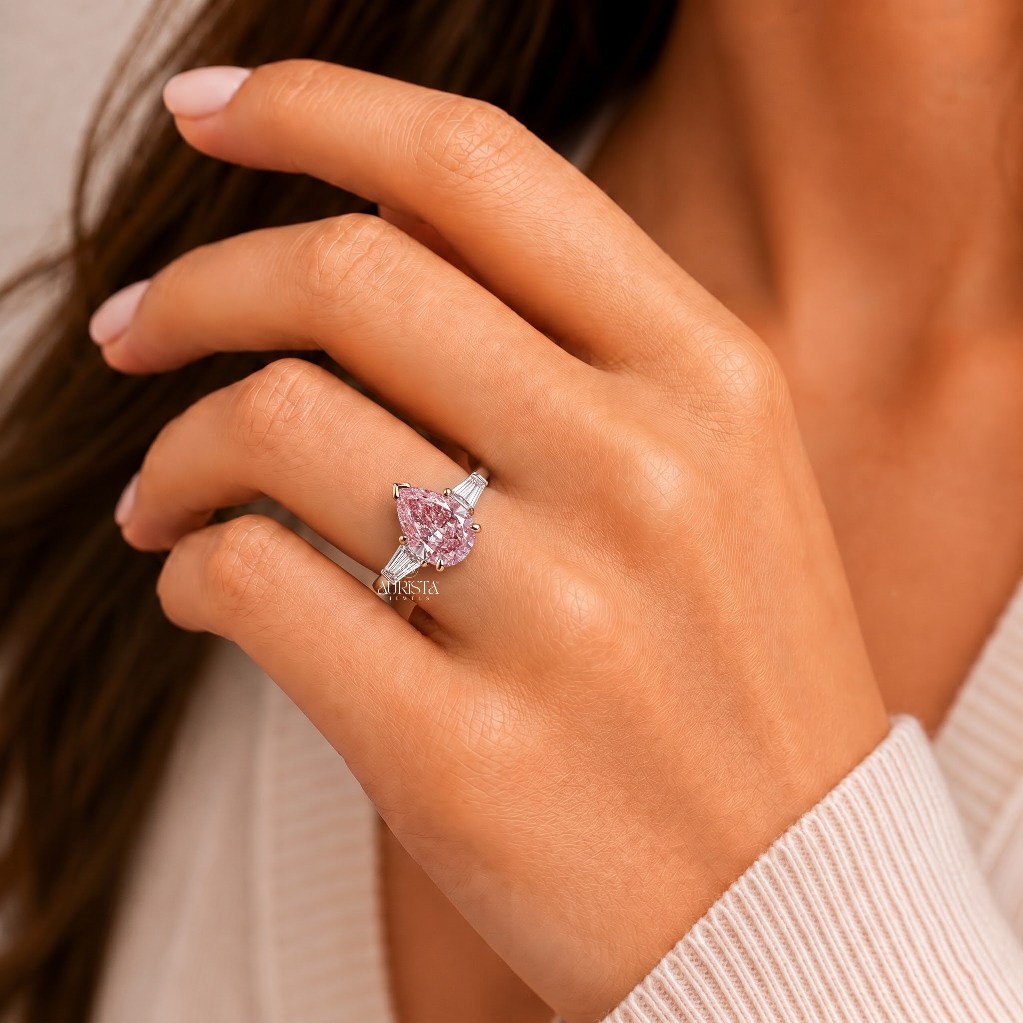 Lab Grown in Diamond Pink Pear Cut Ring Three Stone Engagement Ring Statement