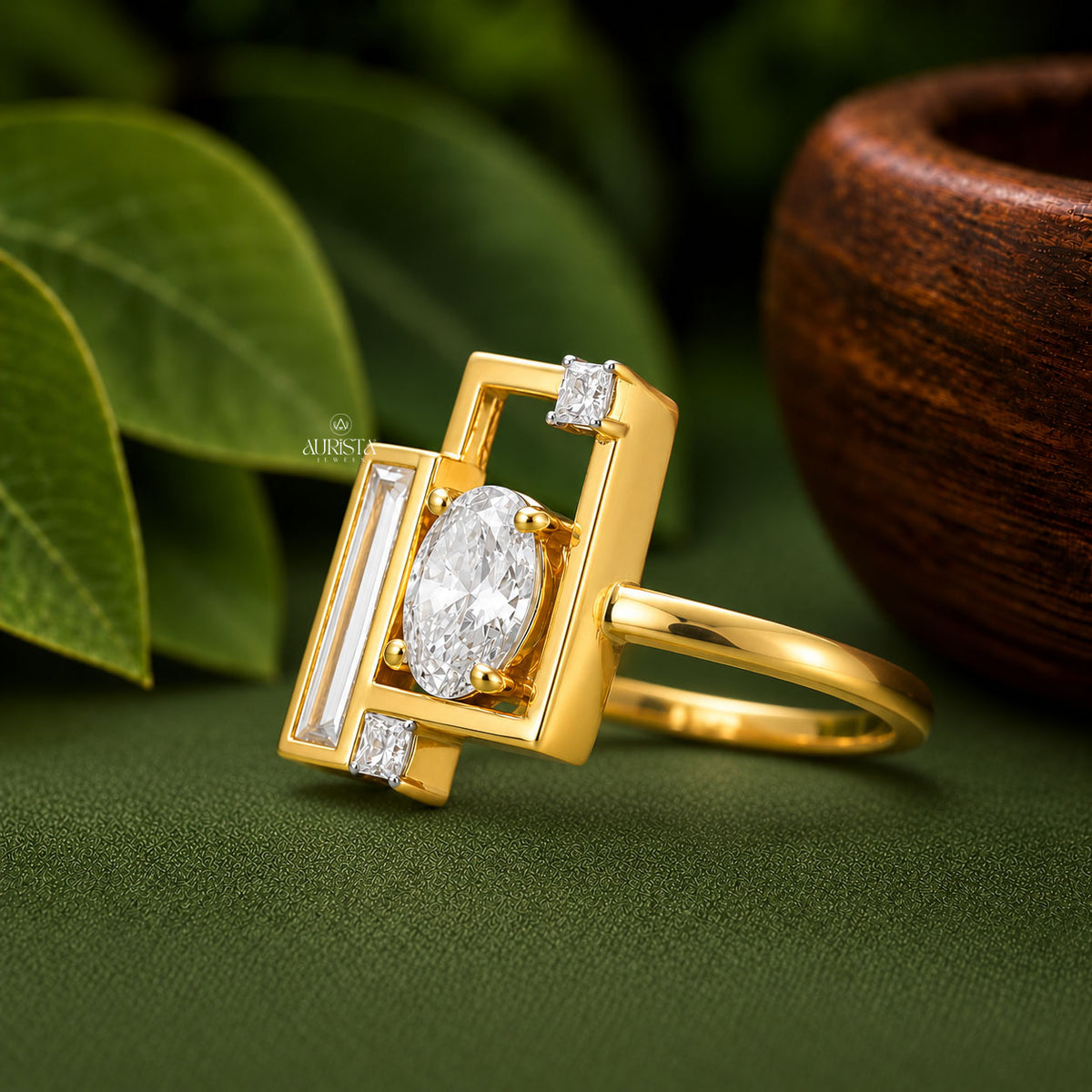 Oval Cut Lab Grown Diamond Geometric Ring, Baguette & Princess Statement Ring Band