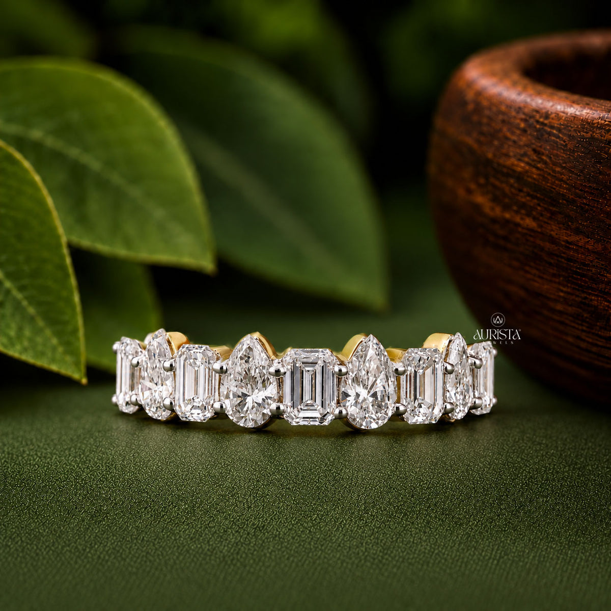 Mixed Cut Lab Grown Diamond Band, Emerald & Pear Shape, Unique Wedding Ring