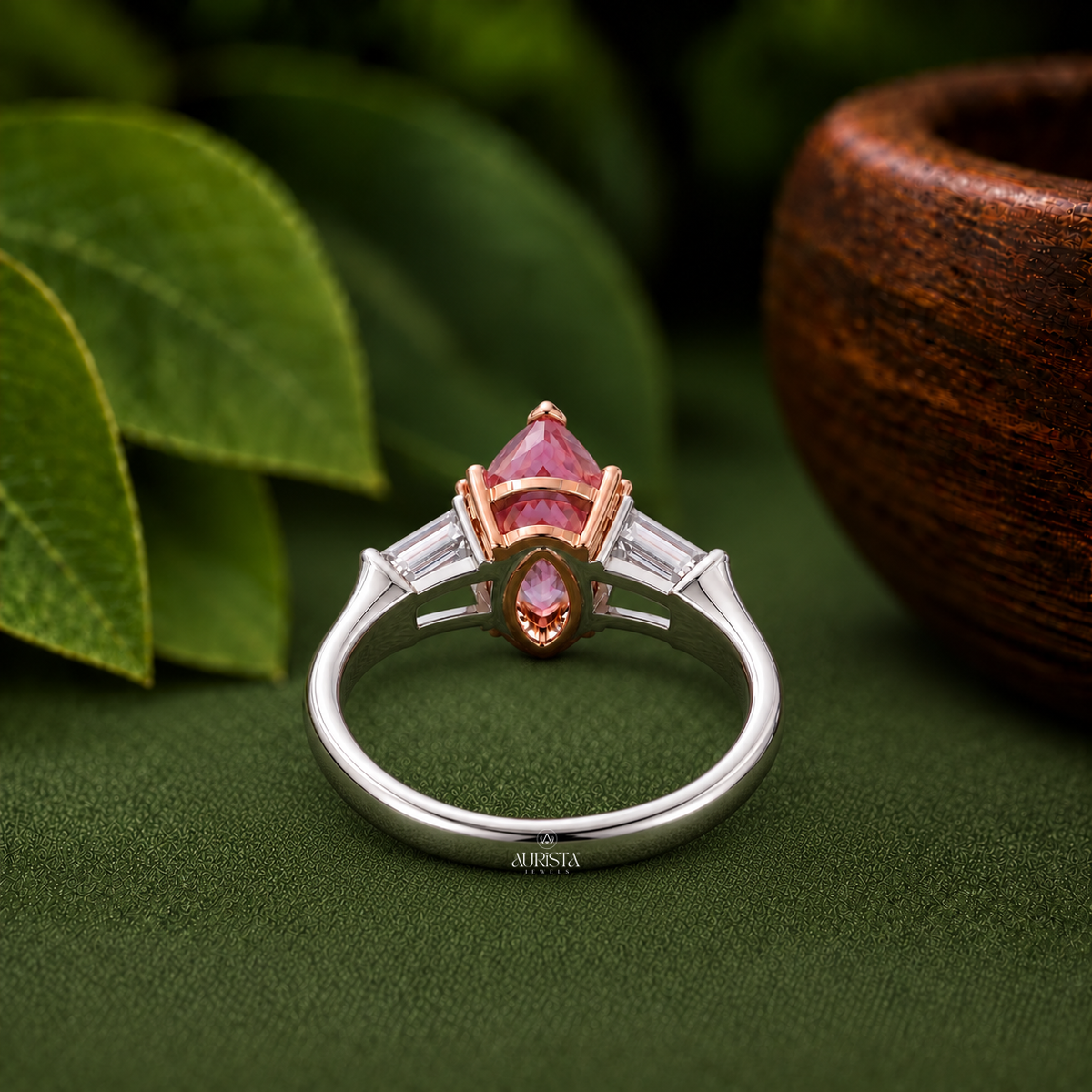 Pink Pear Cut Lab Grown in Diamond Three Stone Ring Silver Luxury Band