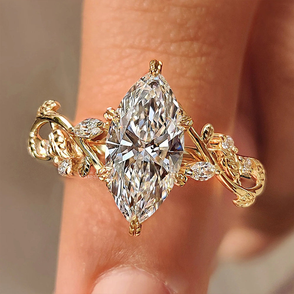 Marquise Moissanite Diamond Vintage Nature Inspired Vine & Leaf Bridal Engagement Ring