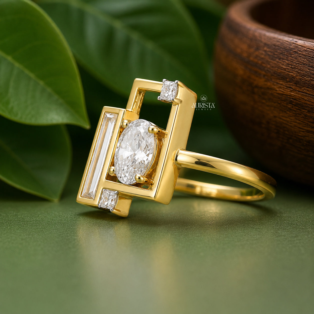 Oval Cut Lab Grown Diamond Geometric Ring, Baguette & Princess Statement Ring Band
