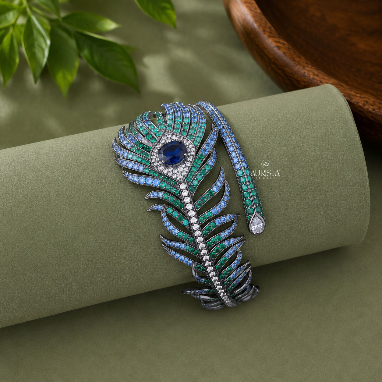 Peacock Feather Moissanite Bangle - Blue Sapphire & Round Gemstone Cuff Bracelet