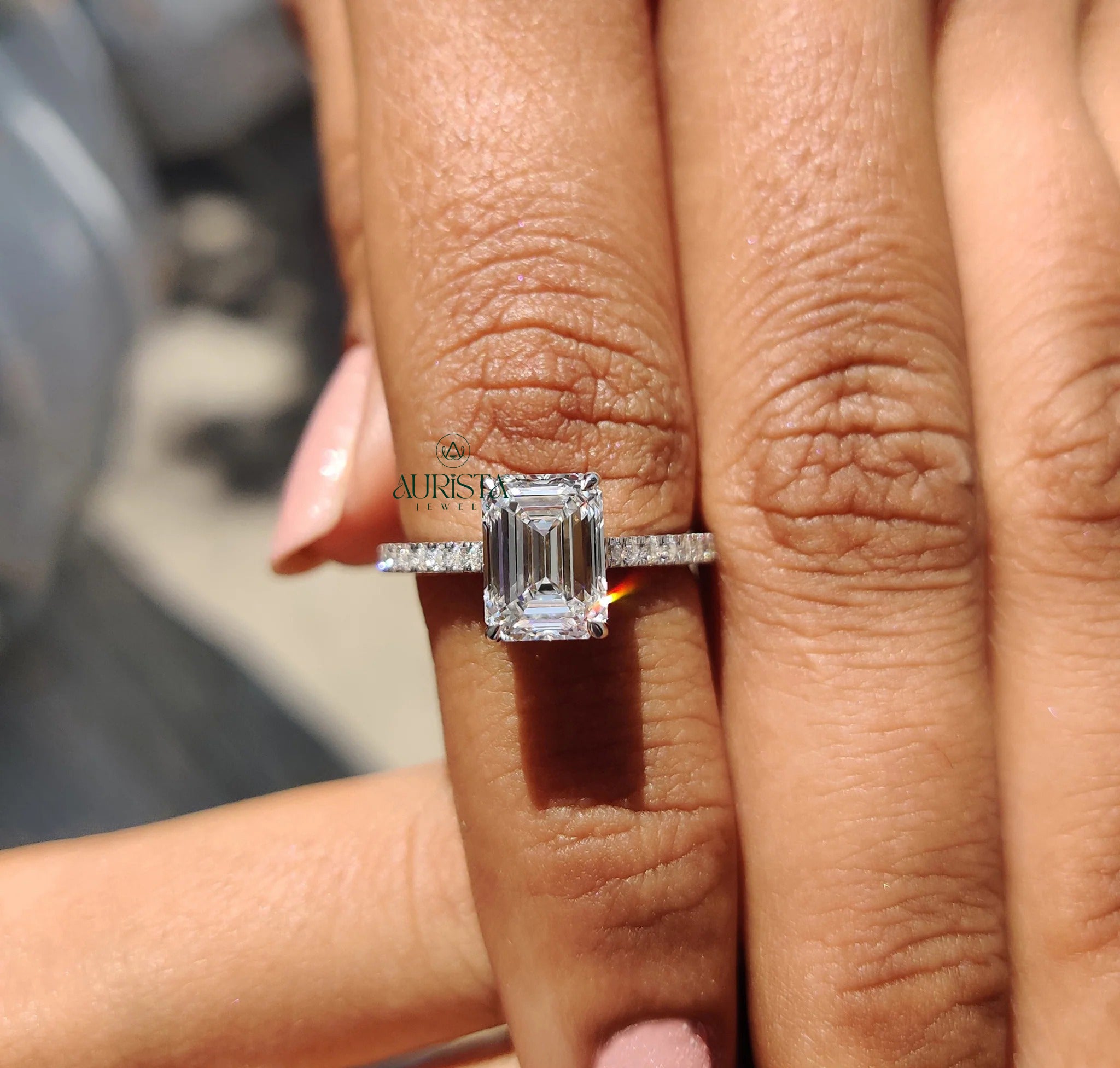 Emerald Cut Diamond Ring with Timeless Pave Elegance
