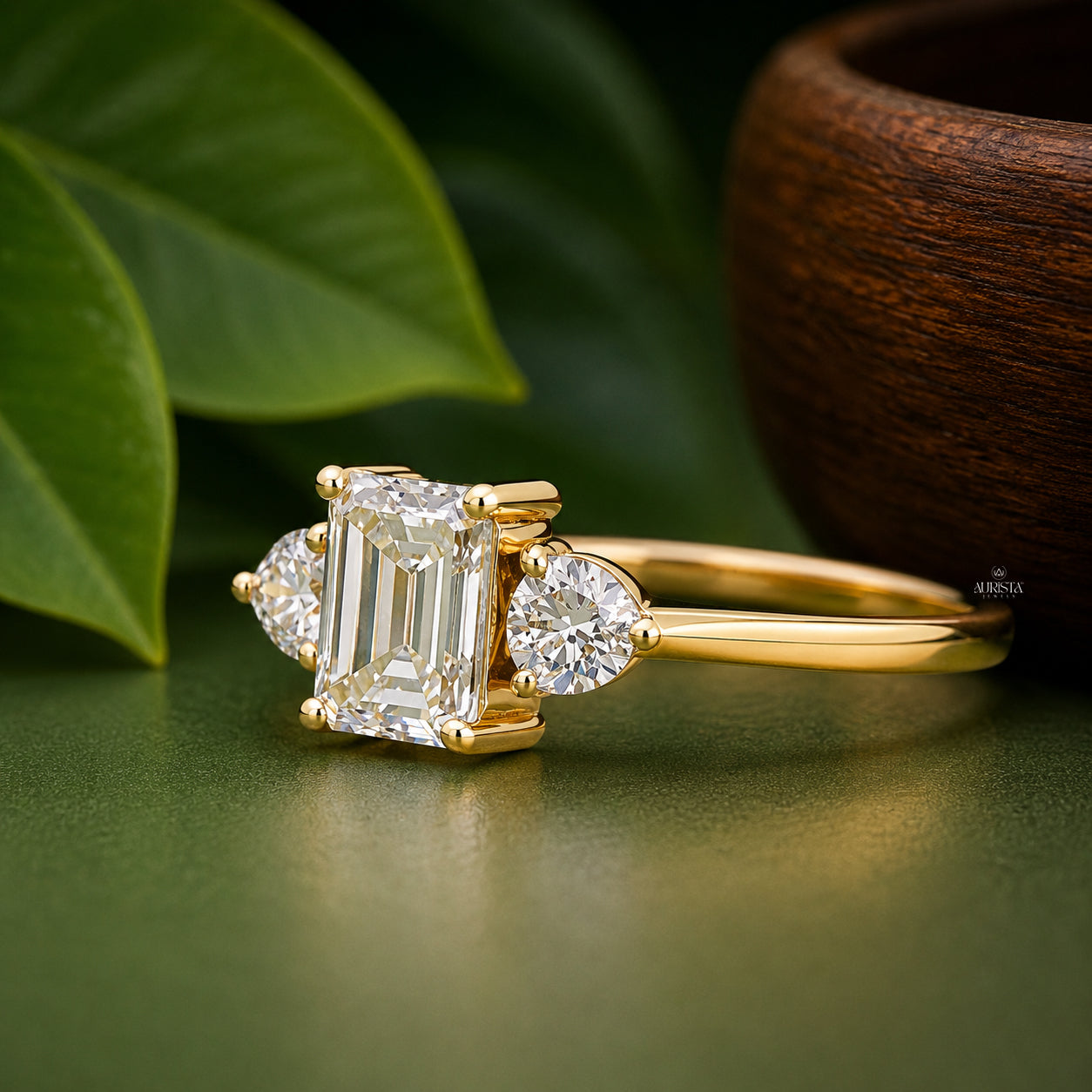 Emerald & Round Lab Grown Diamond Three Stone Ring, Anniversary Gift