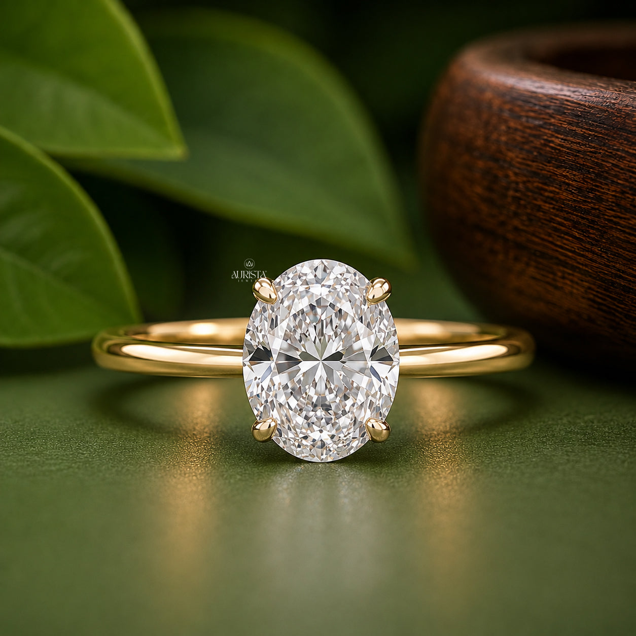 2 CT Oval Lab Grown Diamond Ring, Hidden Halo Engagement Ring, Solitaire Gold Band