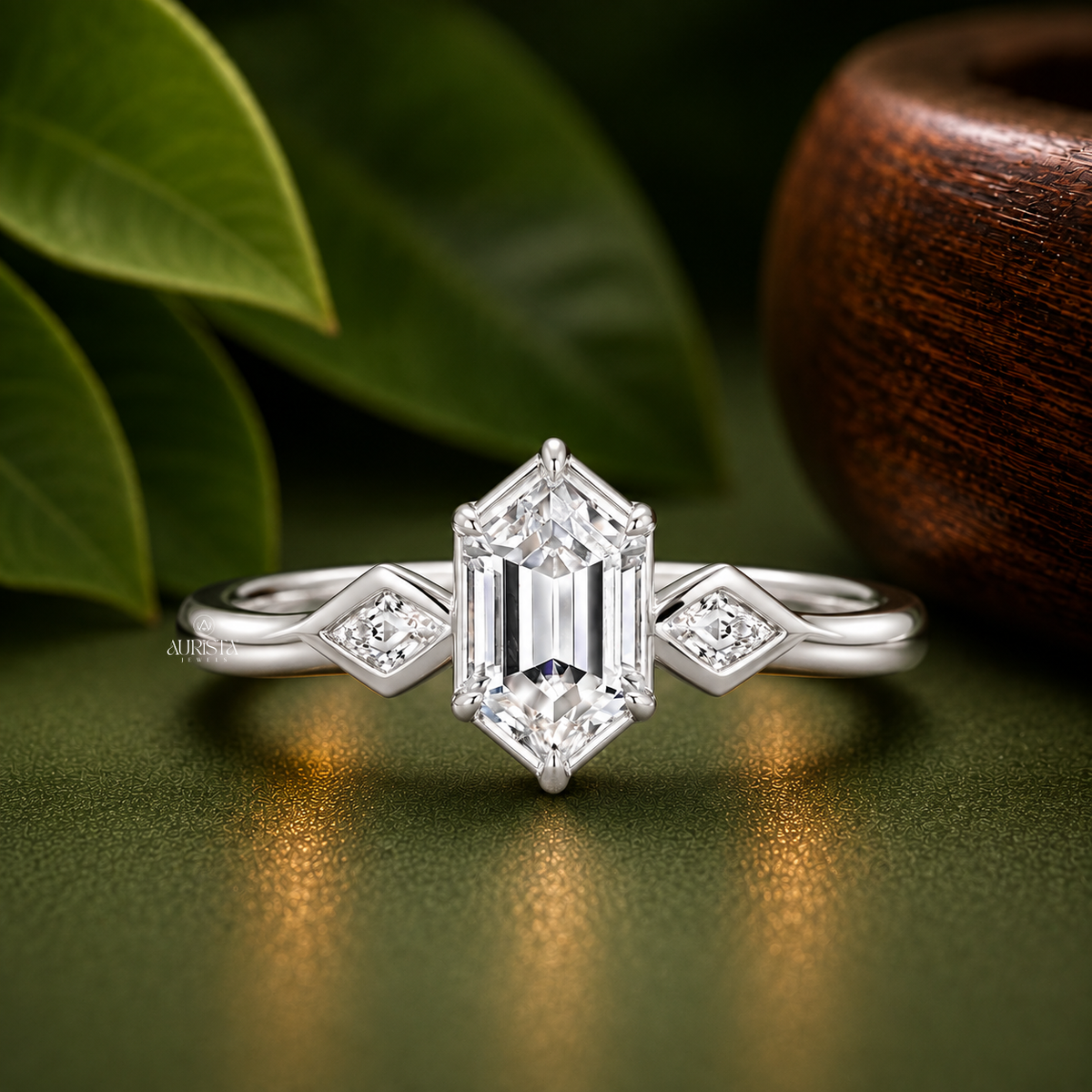 Hexagon Lab Grown Diamond Ring, Rose Gold Three Stone Engagement Ring With Marquise