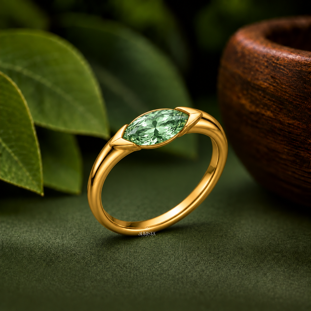 Green Marquise Cut Bezel Set Engagement Ring Solitaire Band Lab Grown in Diamond