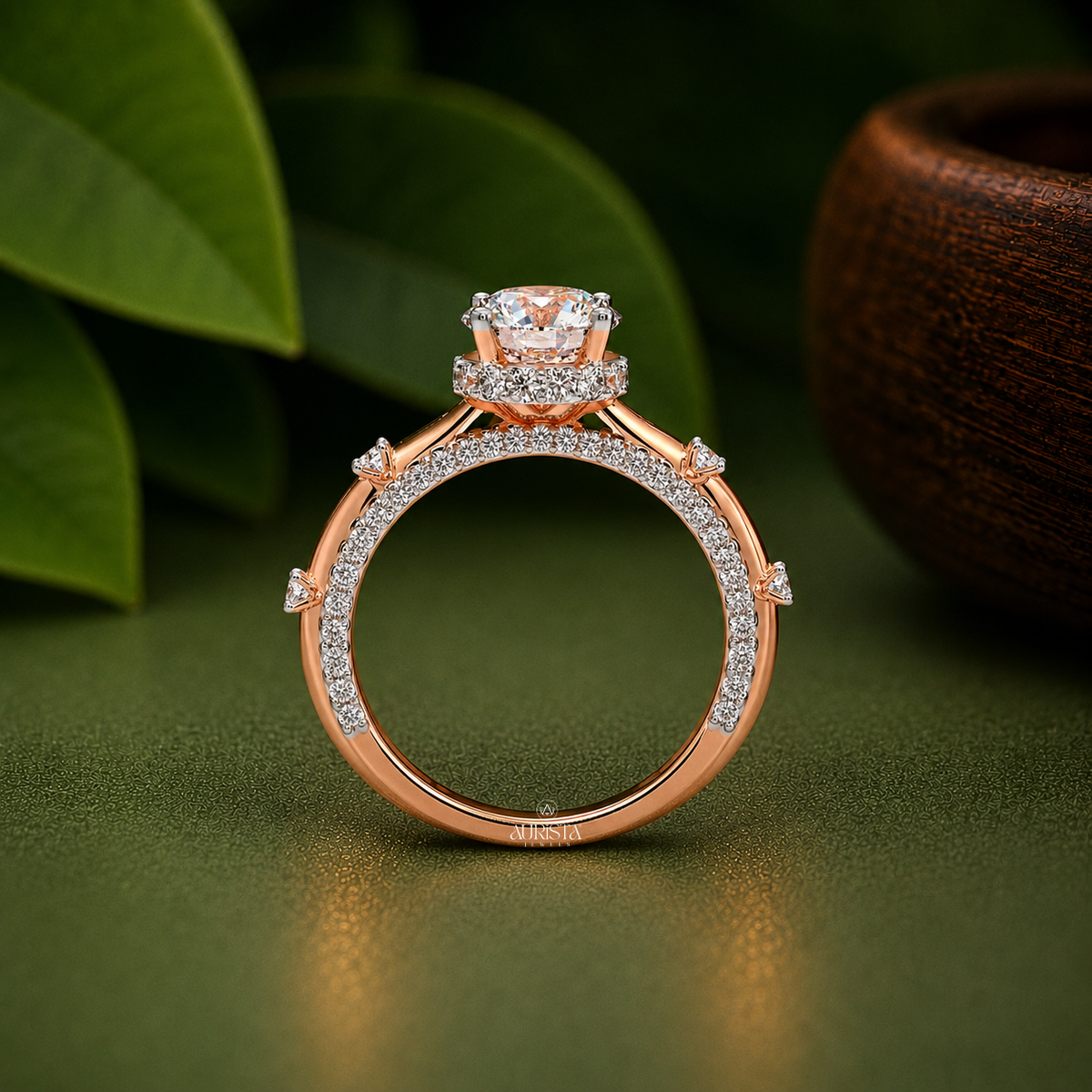 Round Moissanite Diamond Ring, Rose Gold Engagement Ring With Hidden Halo Side Stones