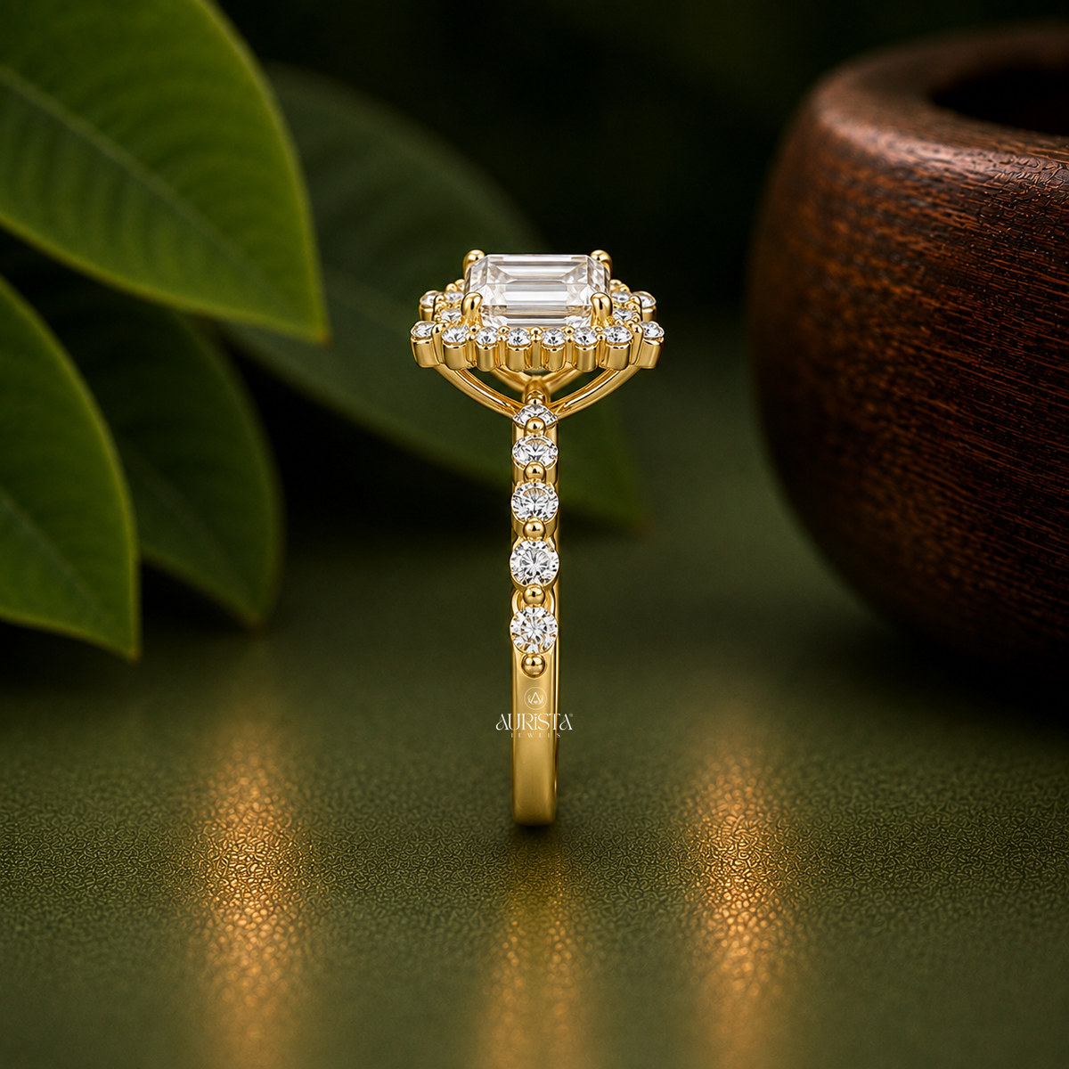 Emerald Shape Lab Grown Diamond Ring, Floral Halo Gold Ring With Round Side Stones