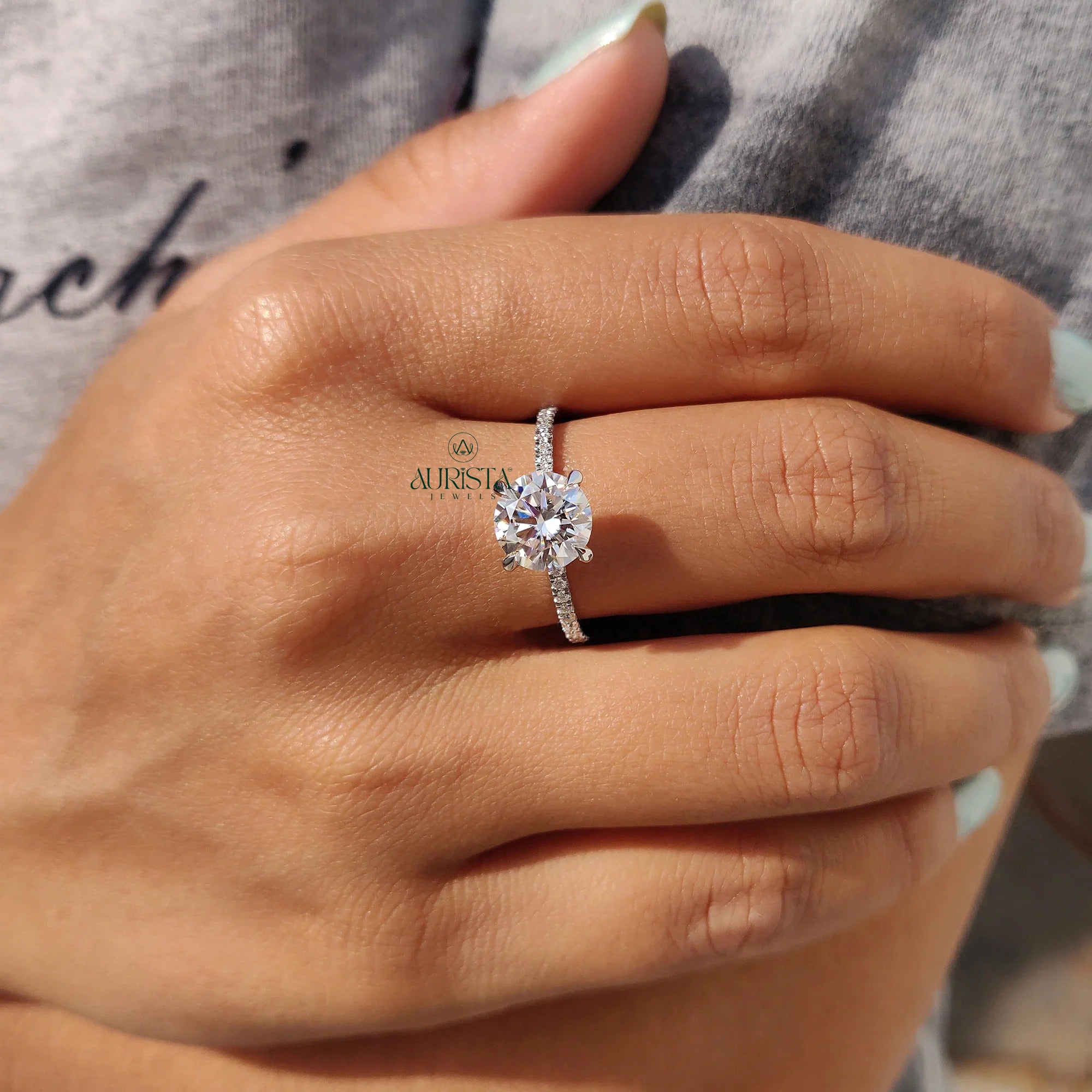 Round Cut Moissanite Engagement Ring with Diamond Pave Band in White Gold
