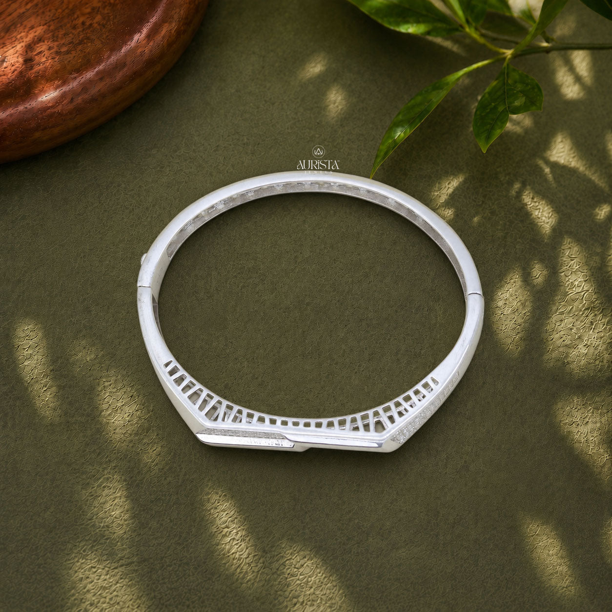 Round Moissanite Geometric Bangle - Angular Micro Pave White Gold Statement Bracelet