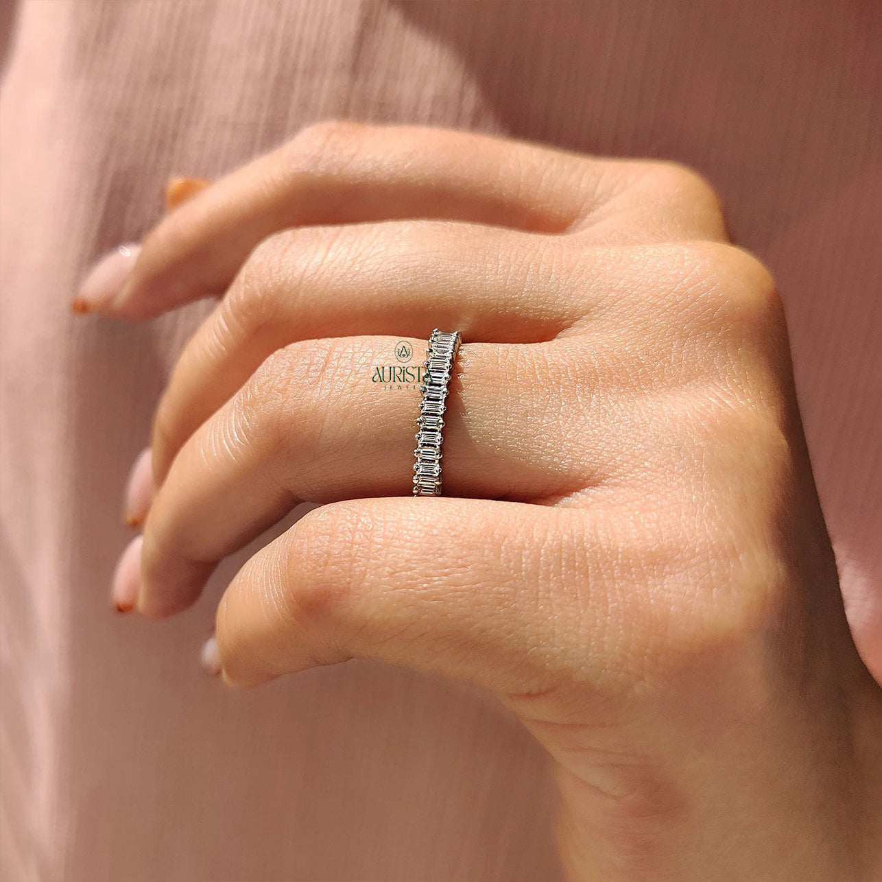 Baguette and Round Moissanite Diamond Alternating Full Eternity Stackable Wedding Band