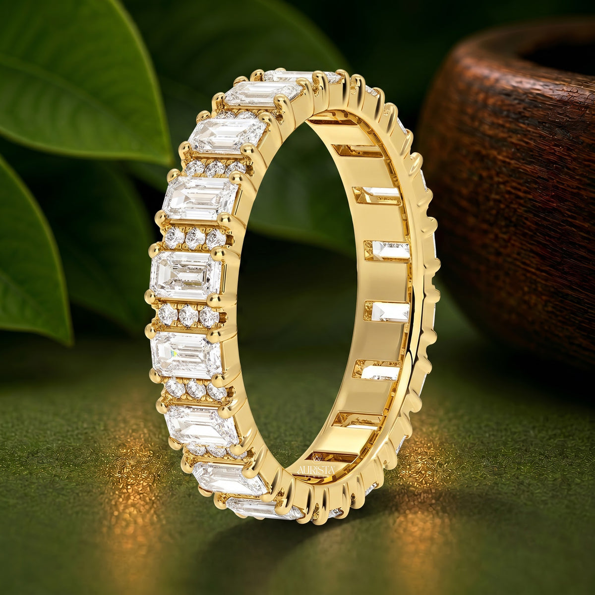 Moissanite Diamond Eternity Band, Emerald Cut & Round Side Stones Yellow Gold Ring