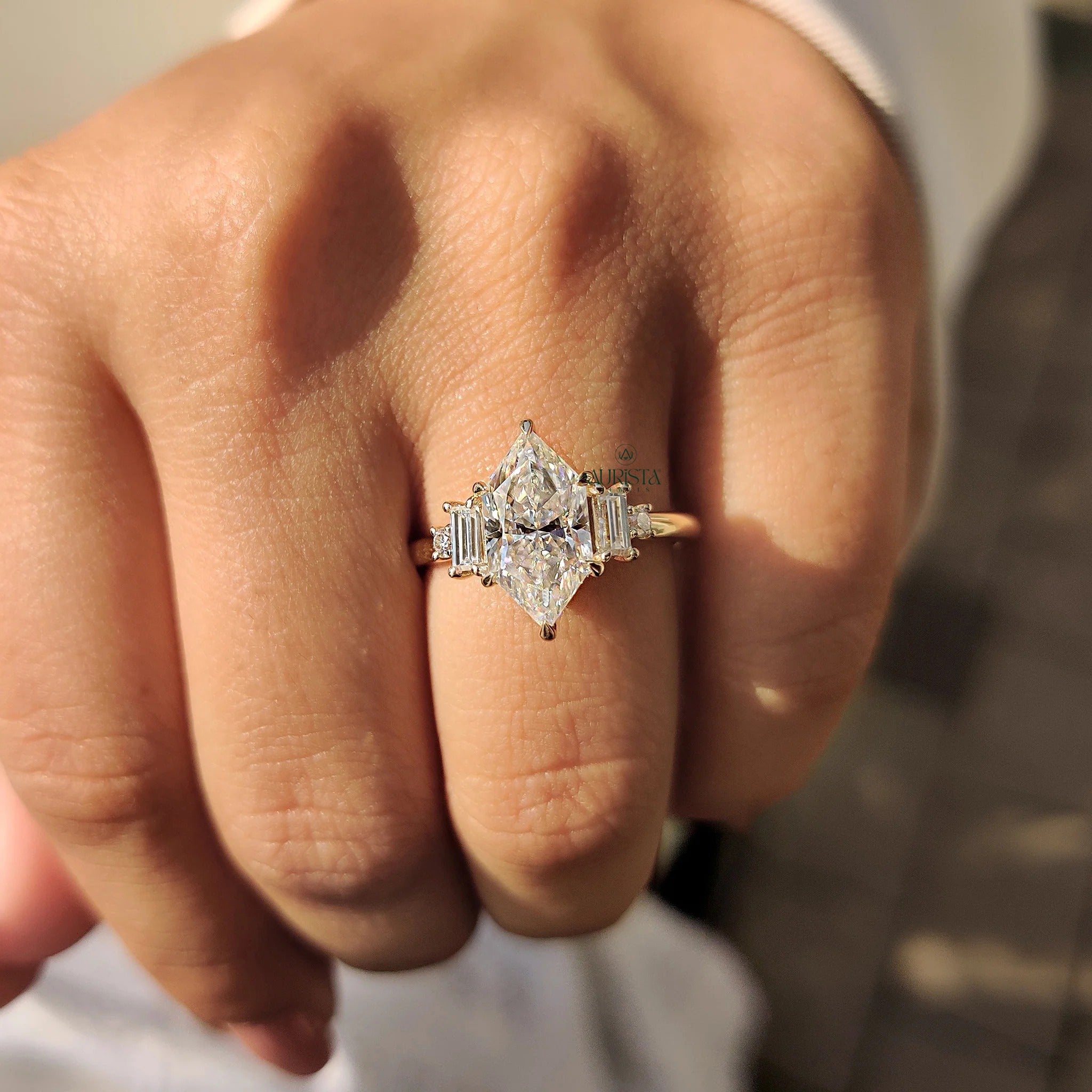 Marquise Moissanite in Diamond Baguette Yellow Gold Art Deco Engagement Ring