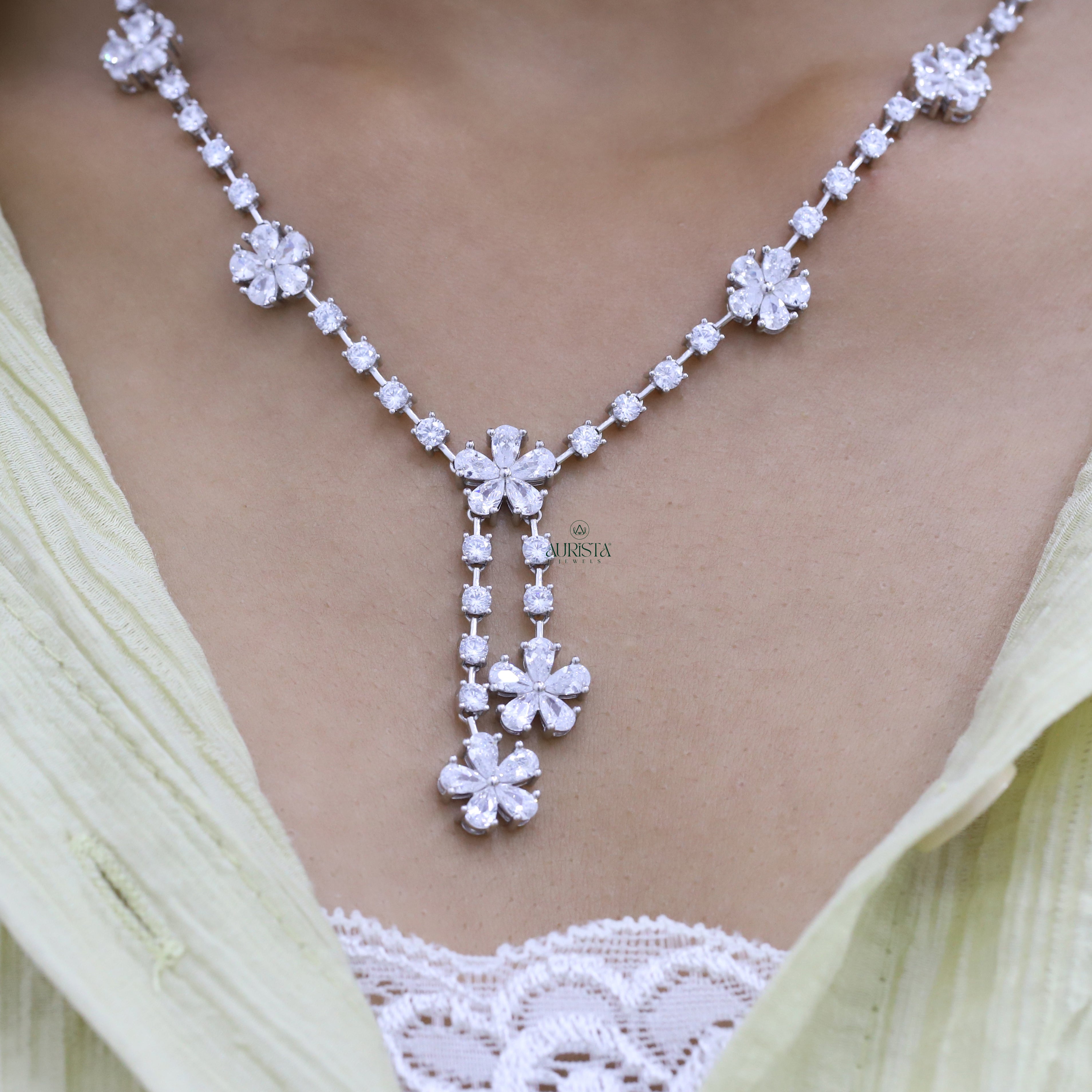 Necklace and Earring moissanite Set Elegant Flower Pendant Minimalist Floral Set