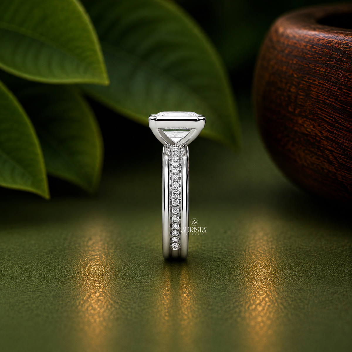 Emerald Shape Lab Grown Diamond Ring, Bezel Setting Channel Pave Band White Gold