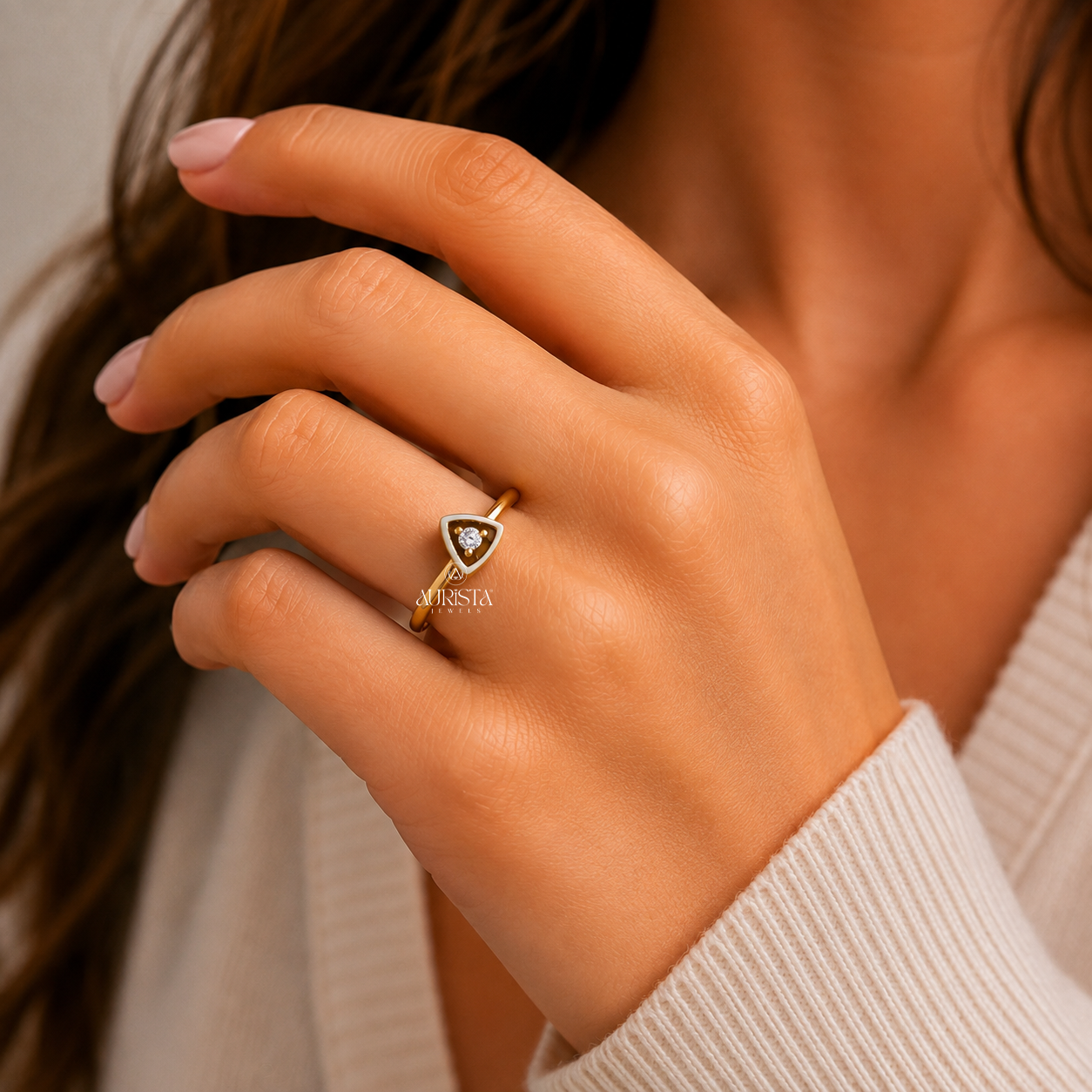 Lab Grown Diamond Gold Geometric Ring Triangle Solitaire Band Statement Jewelry