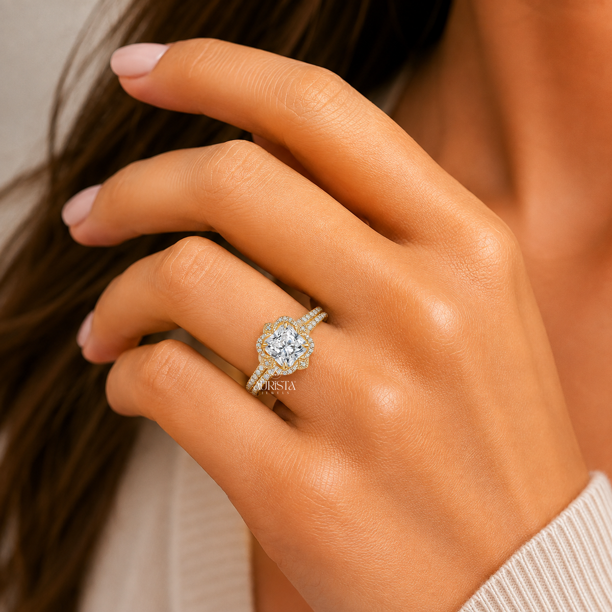 Cushion Shape Moissanite Diamond Ring, Vintage Floral bridal-set Side Stones Fine Jewelry
