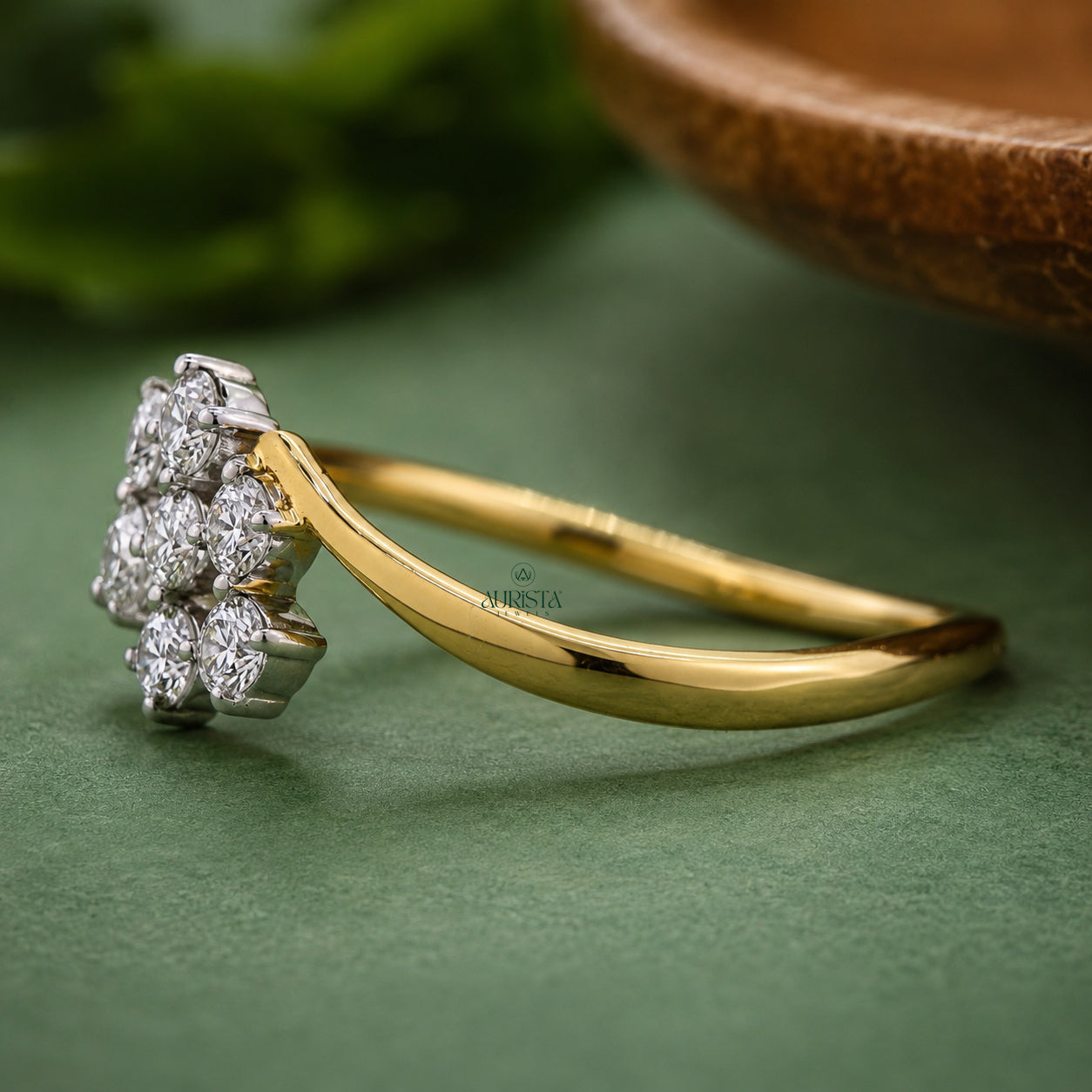 Round Cut Lab Grown Diamond Cluster Ring, Unique Bypass Gold Band, Statement Ring
