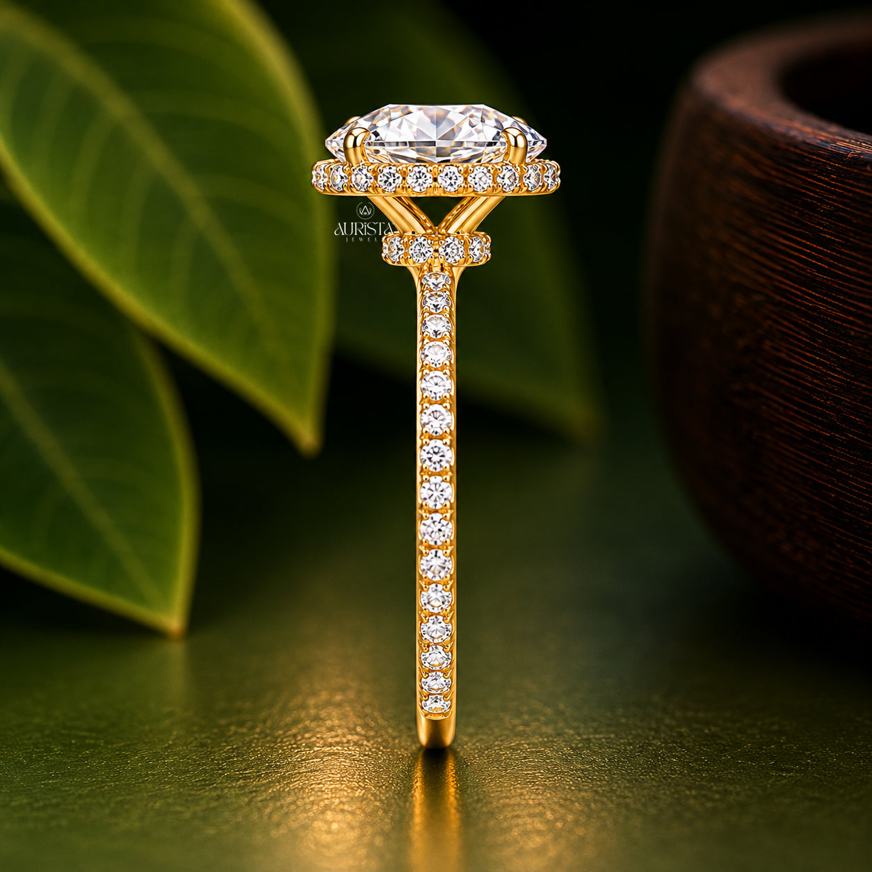 Oval Cut Lab Grown Diamond Halo Ring, Pavé Band Engagement Ring, Solitaire Statement
