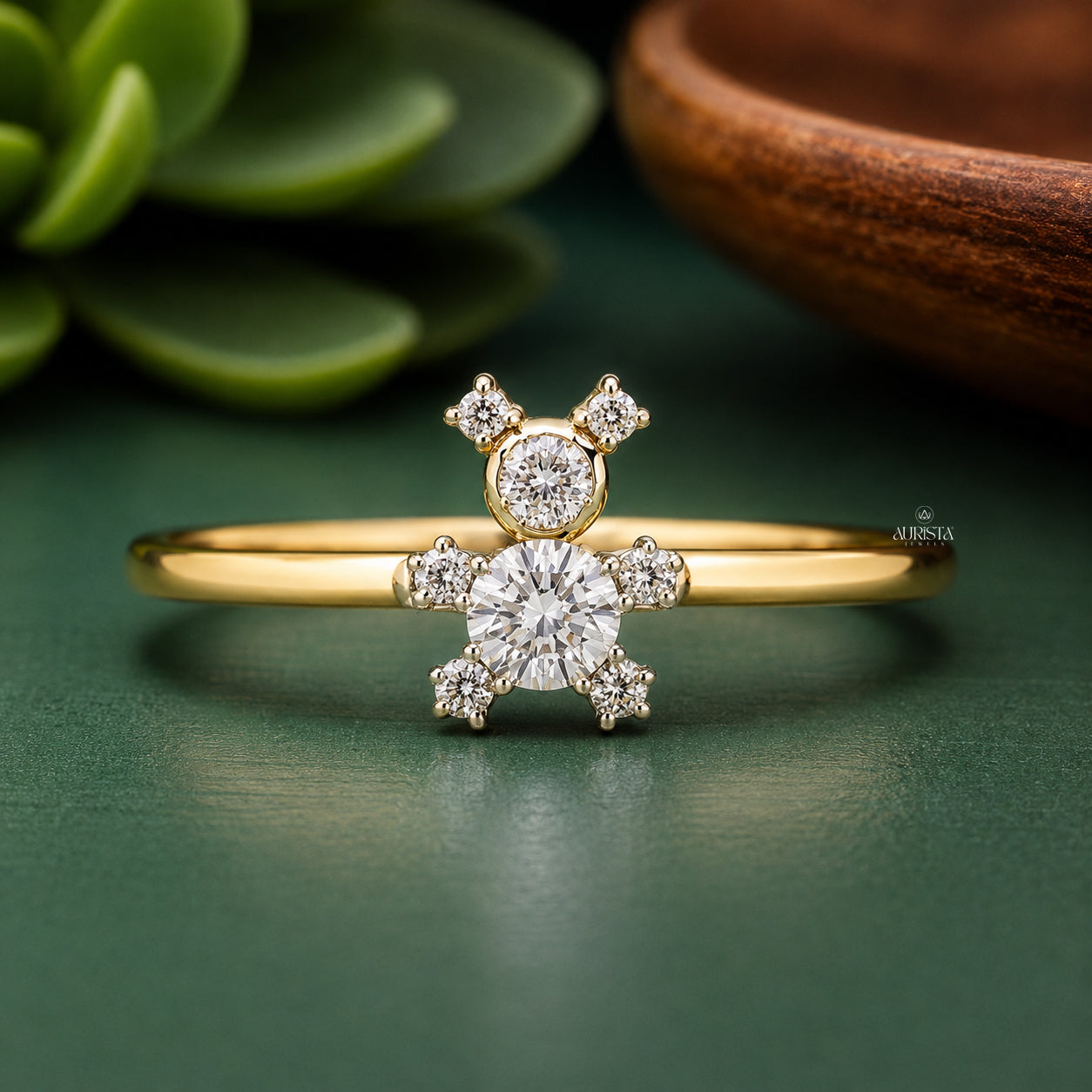 Teddy Bear Lab Grown Diamond Ring, Whimsical Round Cut Gold Statement Jewelry Band
