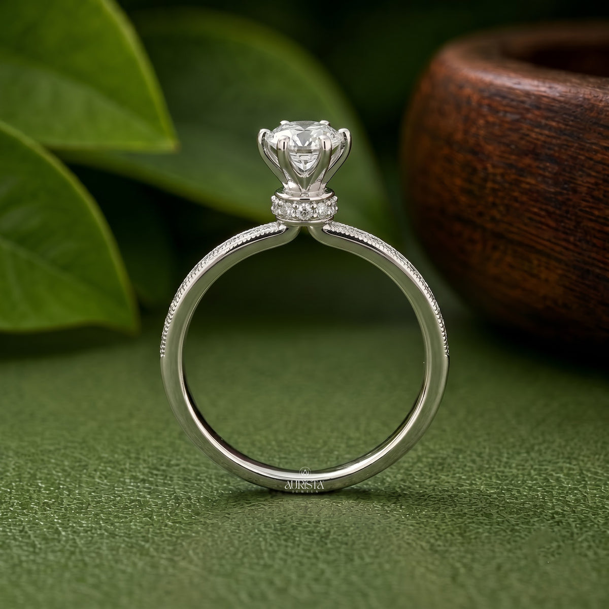 Round Moissanite Diamond Ring, Solitaire Engagement Ring With Pave Band In White Gold