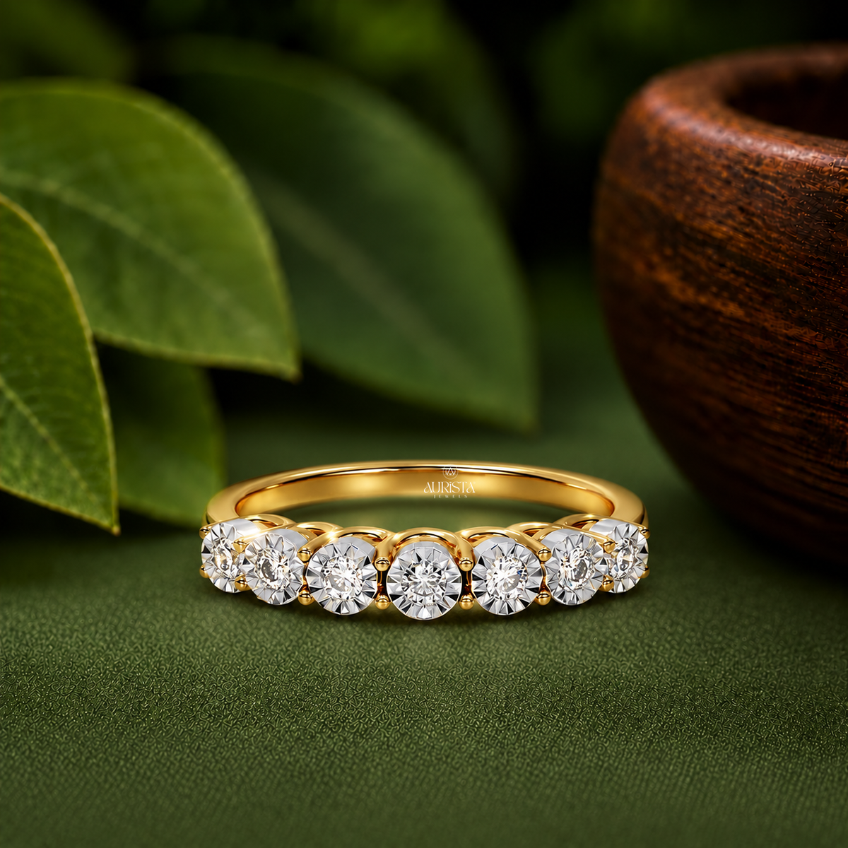 Round Lab Grown Diamond Seven Stone Half Eternity Band In Solid  Yellow Gold Anniversary