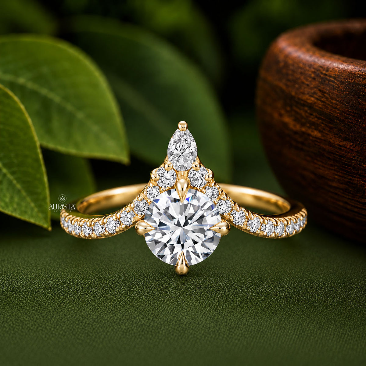 Round & Pear Lab Grown Diamond Crown Ring, Chevron Statement Wedding Band Set