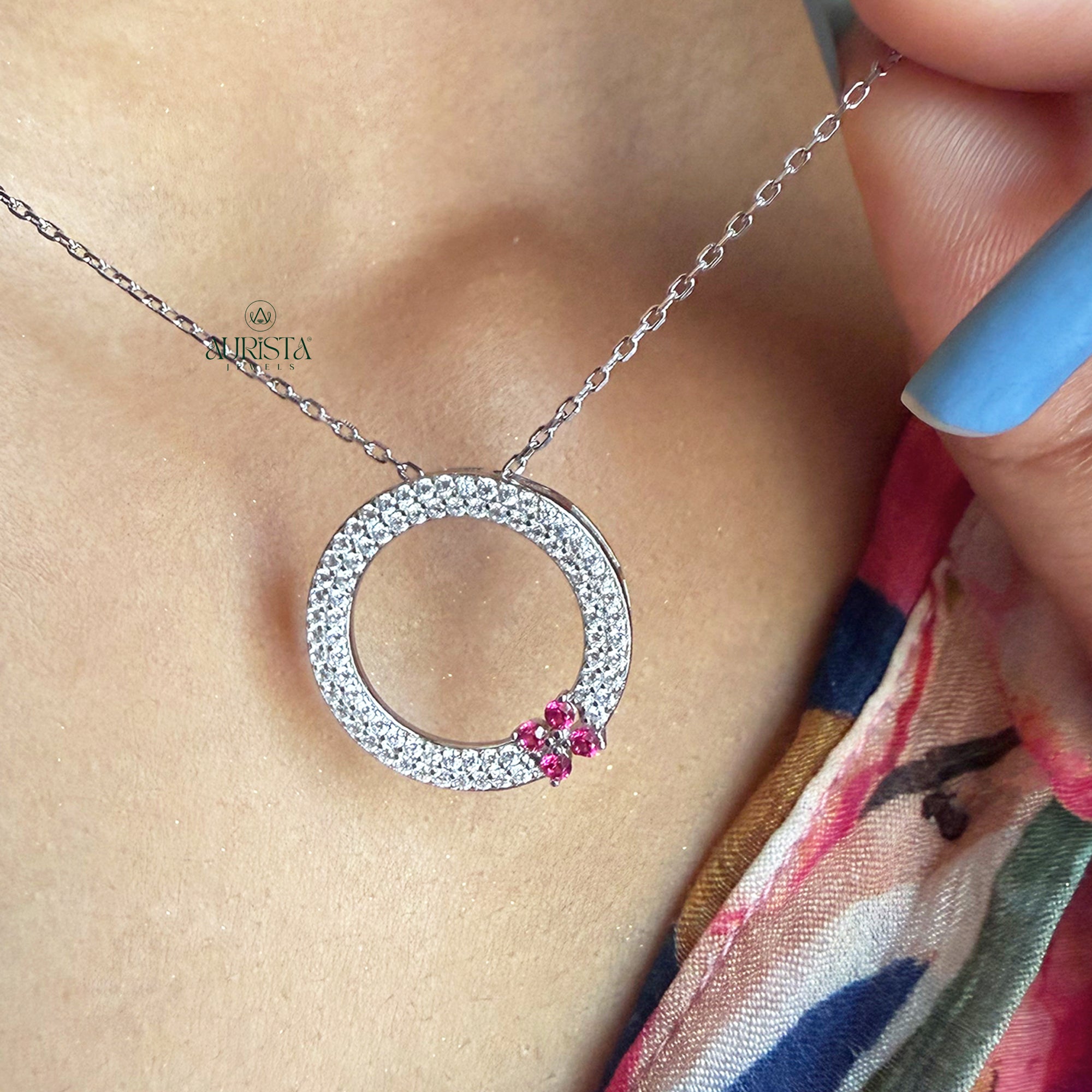Moissanite Pave Circle Pendant with Pink Flower