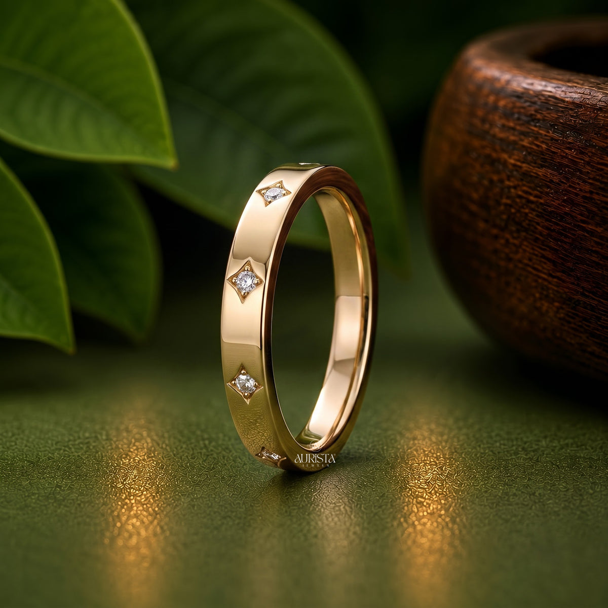 Moissanite Diamond Star Set Band, Yellow Gold Stacking Ring Diamond Wedding Band